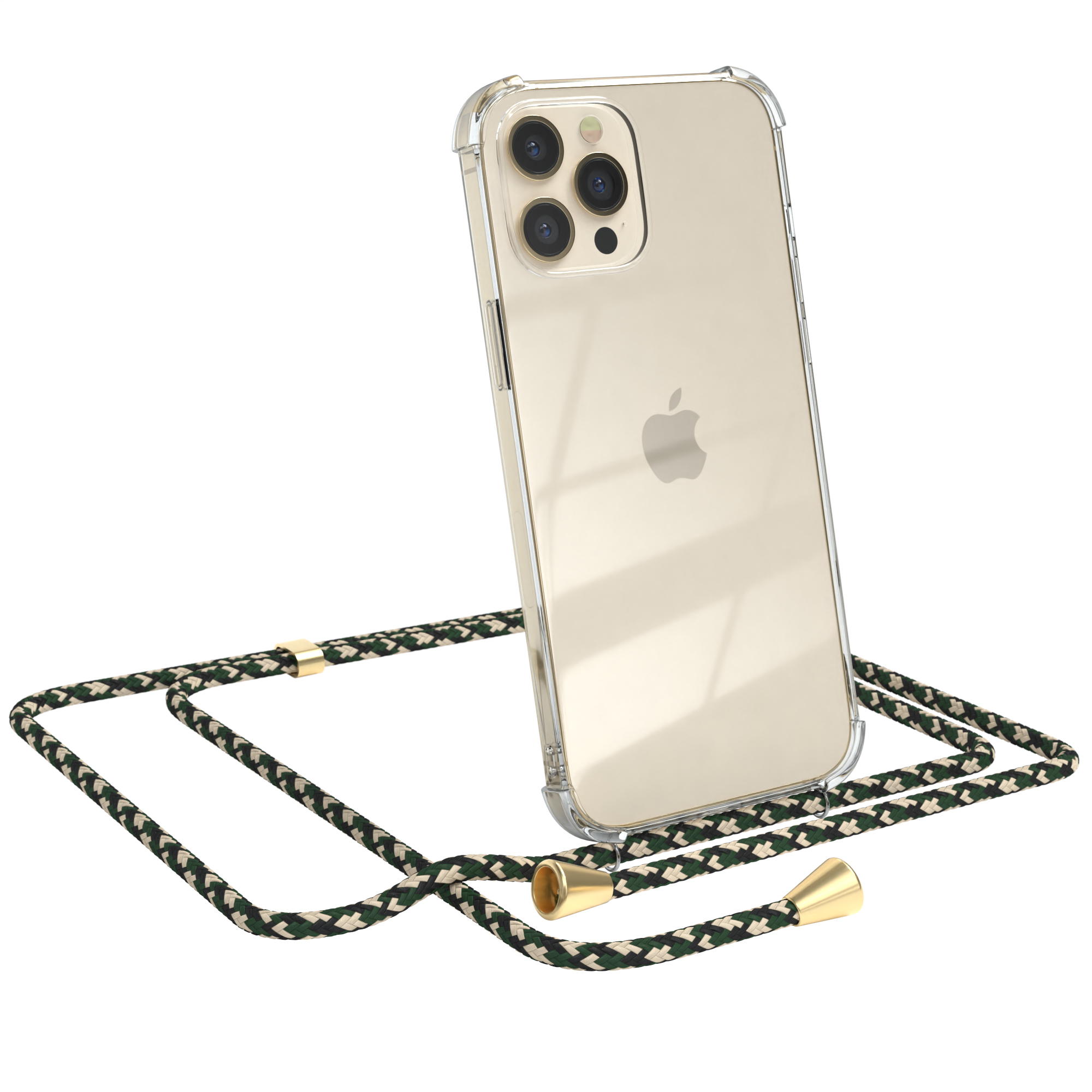 EAZY CASE Cover Clips Apple, Max, Umhängeband, mit Umhängetasche, Gold iPhone Grün Clear / Camouflage Pro 12