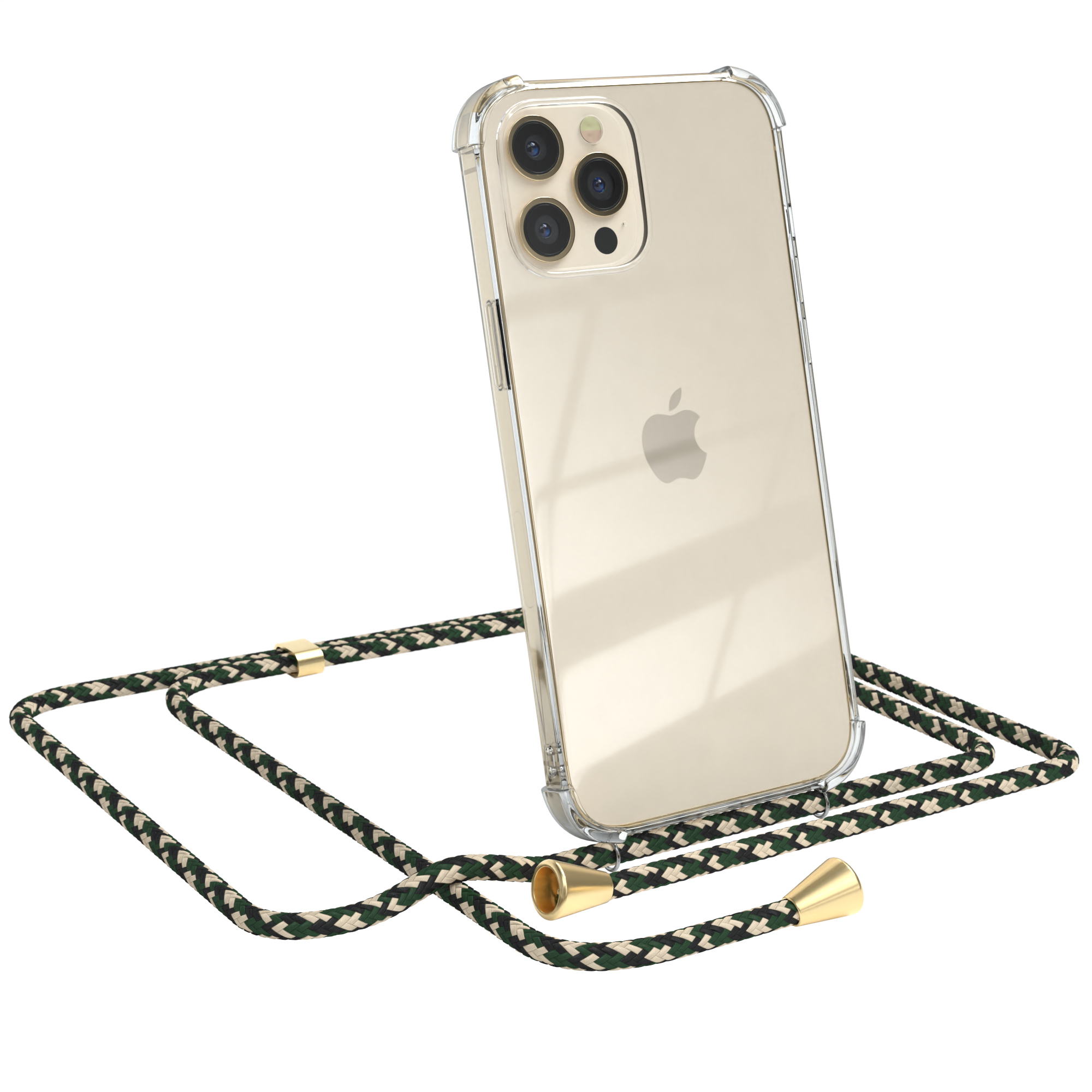 Ein Telefon in einer transparenten Hülle mit grün-weißem Lanyard. Apple-Logo sichtbar. Weißer Hintergrund.