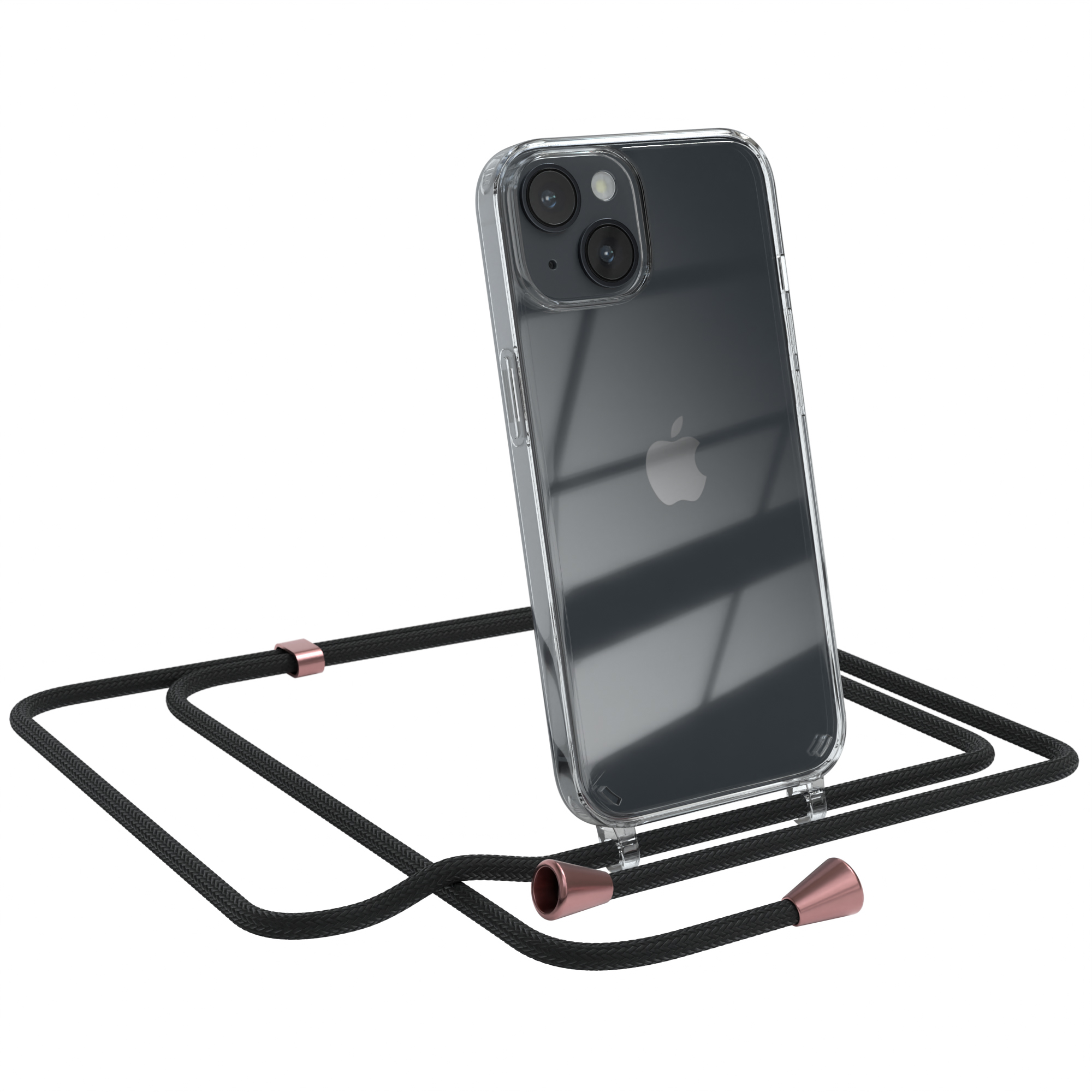 Transparente iPhone-Hülle mit Band. Apple-Logo sichtbar. Der Riemen hat roségoldfarbene Akzente.