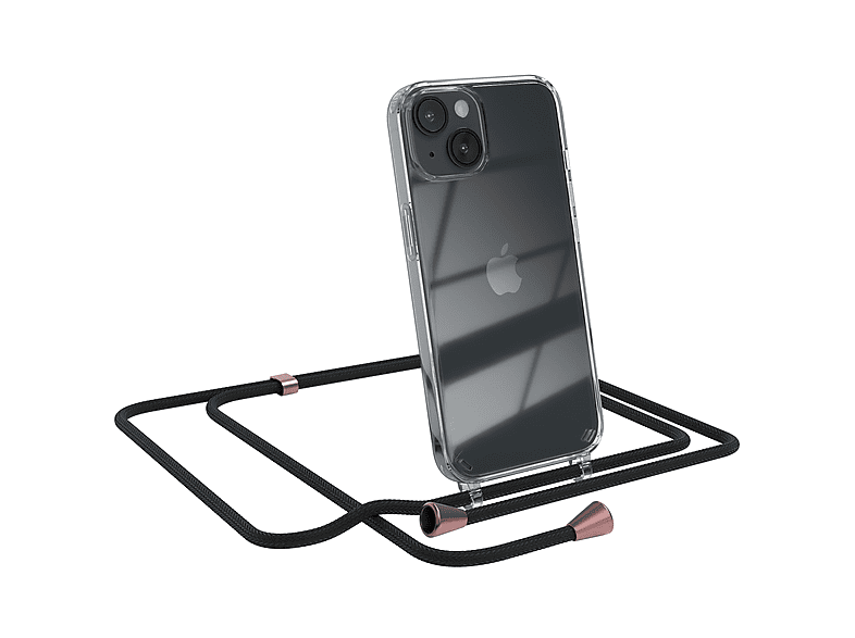 EAZY CASE Clear Cover mit Umhängeband, Umhängetasche, Apple, iPhone 14, Schwarz / Clips Rosé