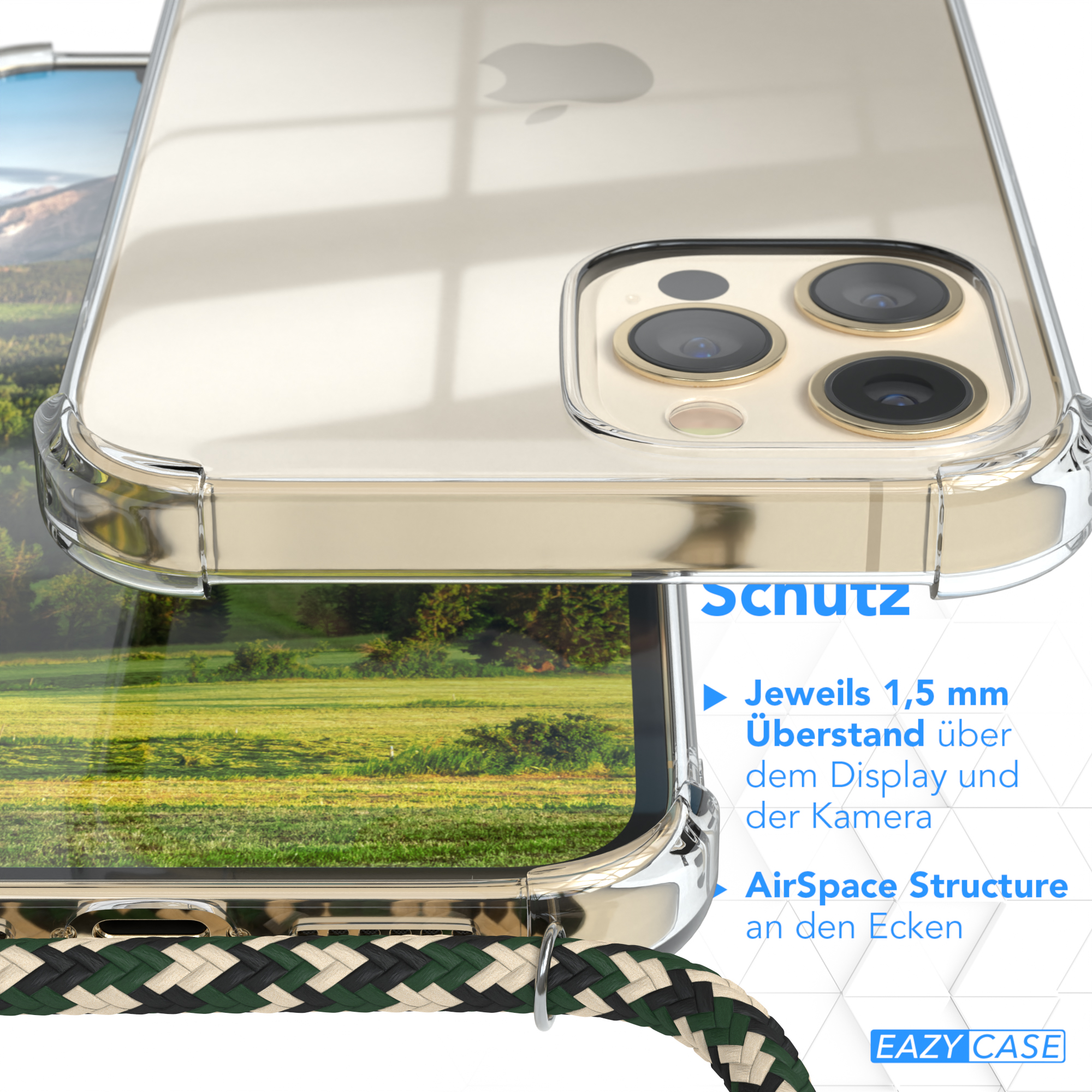 Nahaufnahme einer transparenten Handyhülle. Zeigt Telefon, Funktionen und Text.