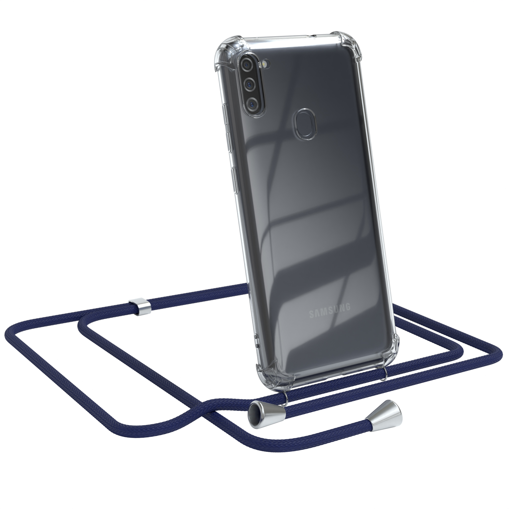 Transparente Handyhülle mit blauem Kordel. Samsung-Handy mit drei Kameras.