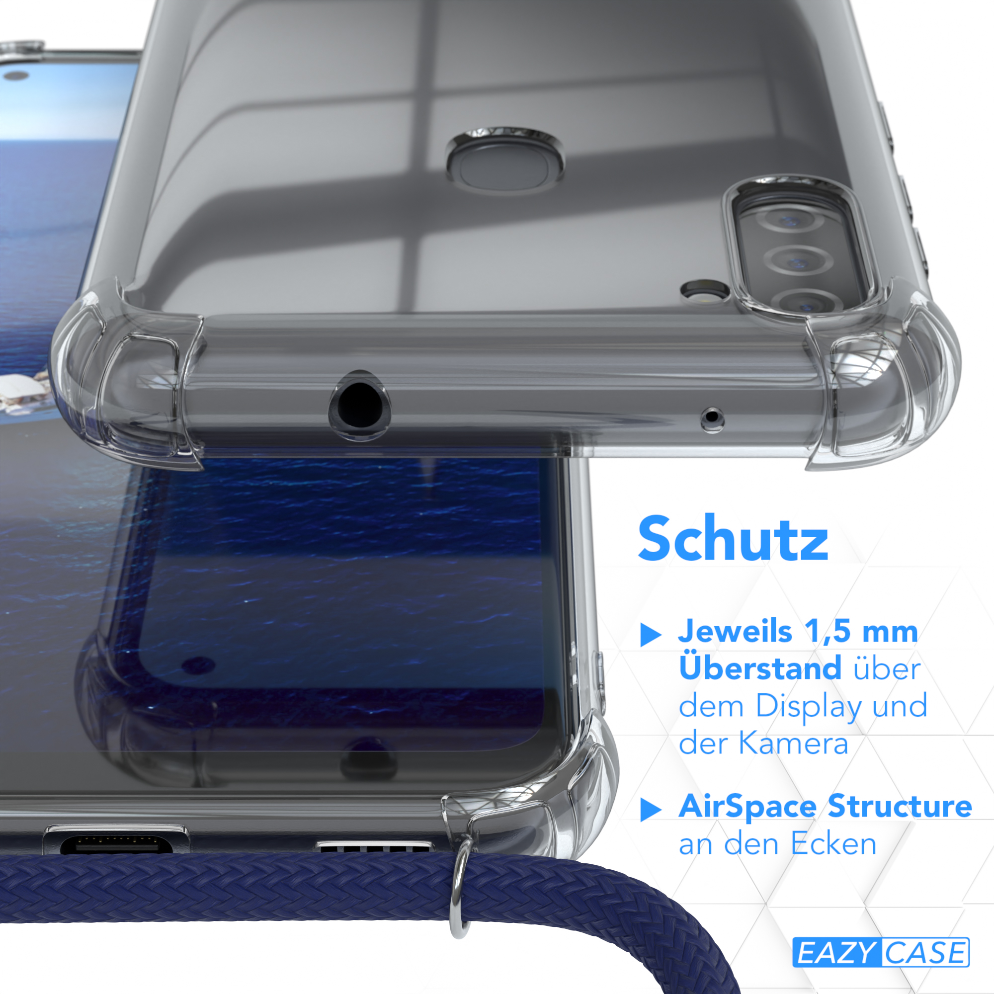 Nahaufnahme einer Handyhülle mit Details. Text zeigt Schutzfunktionen wie 1,5mm Display und Eckstruktur.