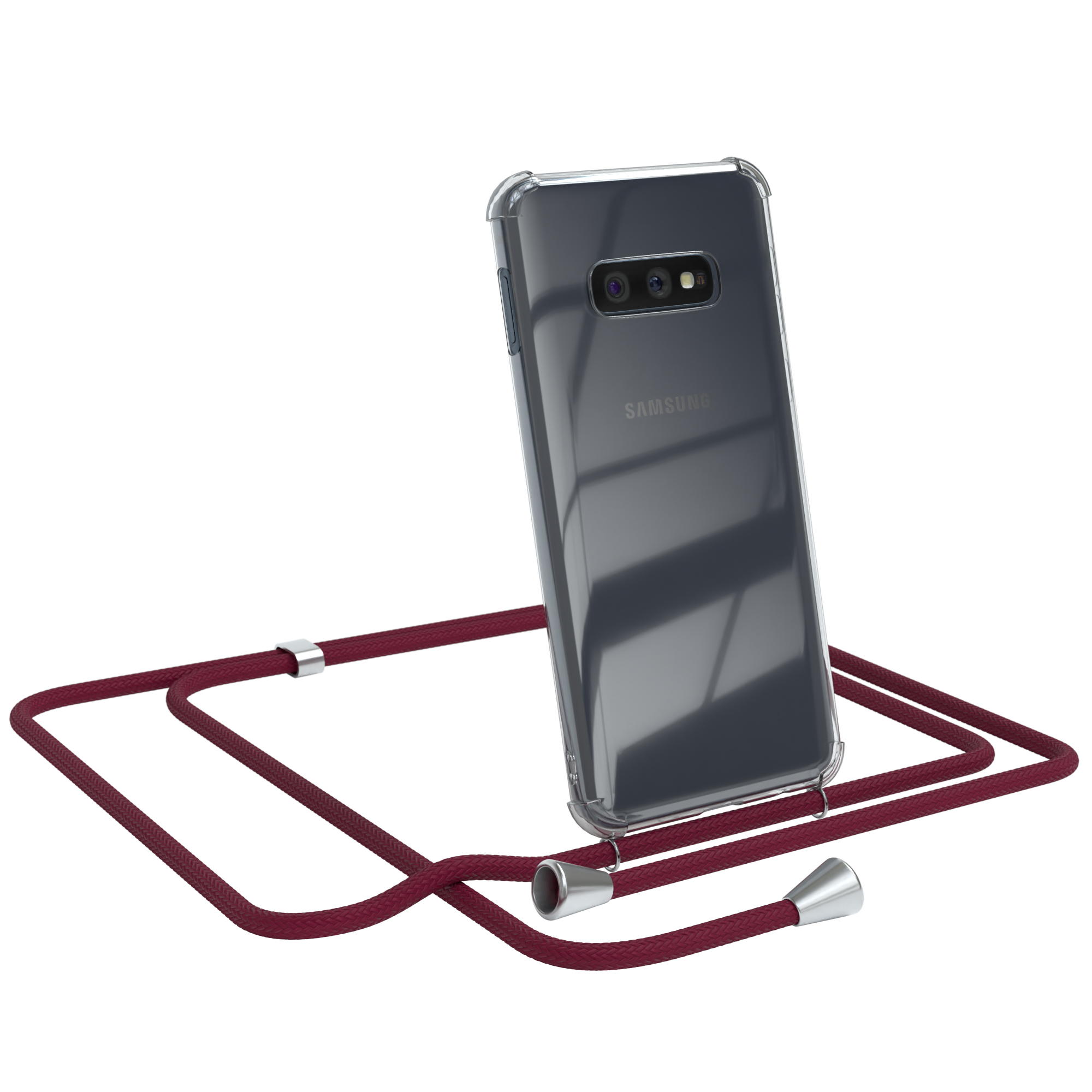 Transparente Handyhülle mit rotem Band. Das Telefon ist grau, das Band hat silberne Enden.