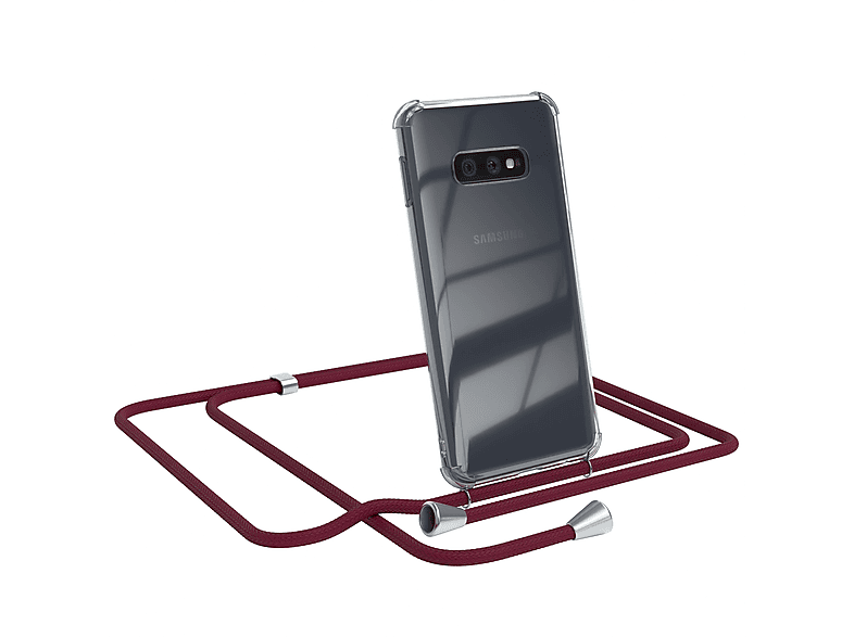 EAZY CASE Clear Cover mit Umhängeband, Umhängetasche, Samsung, Galaxy S10e, Bordeaux Rot / Clips Silber