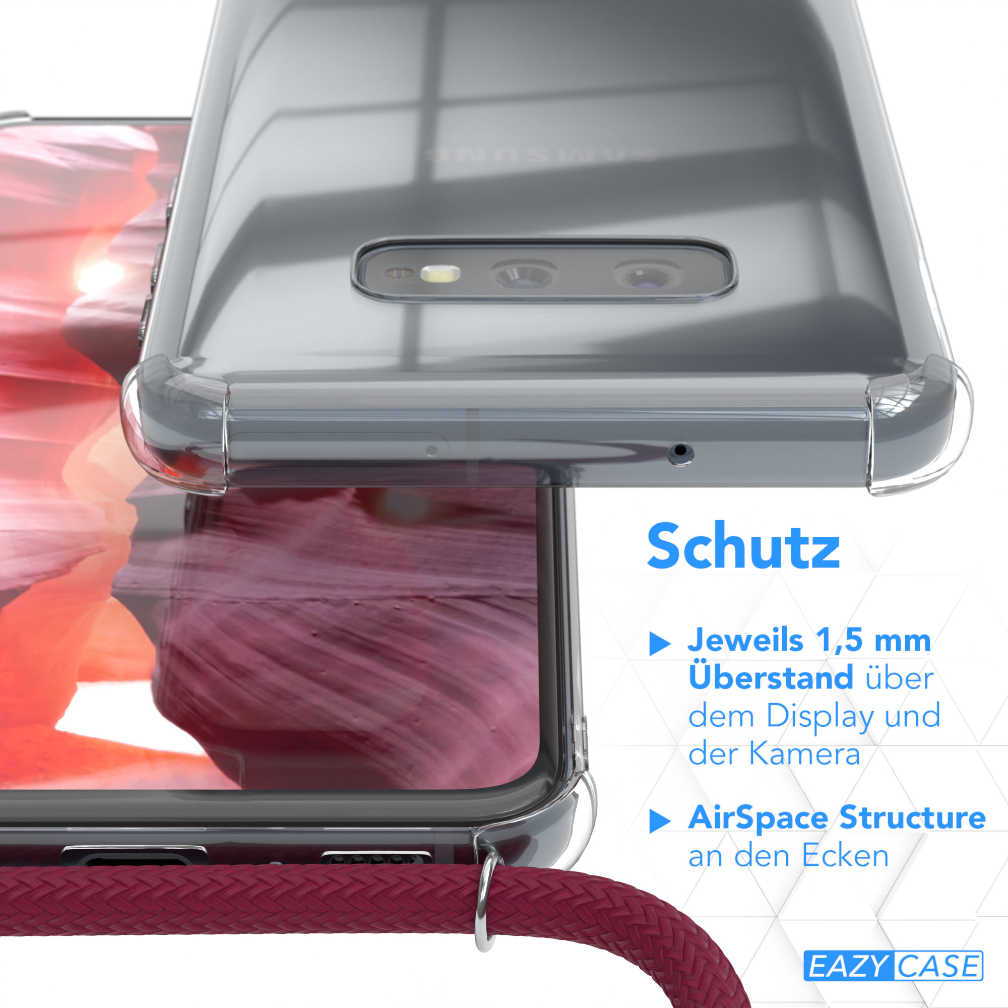 Nahaufnahme einer durchsichtigen Handyhülle, die ein Telefon schützt. Text: 'Schutz' und zeigt Schlüsselfunktionen.