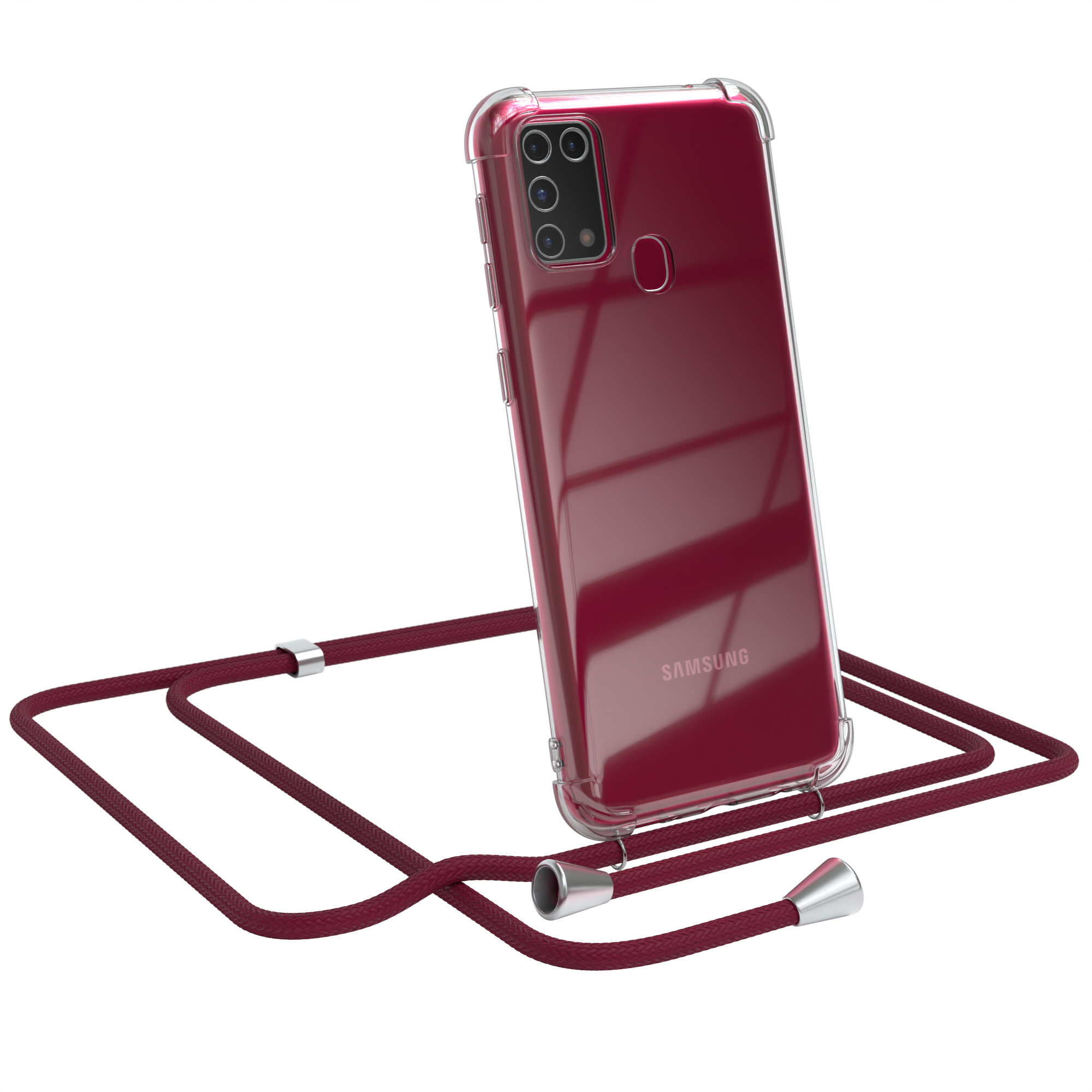 Transparente Handyhülle mit burgunderfarbenem Schlüsselband. Ein Samsung-Telefon ist drin.