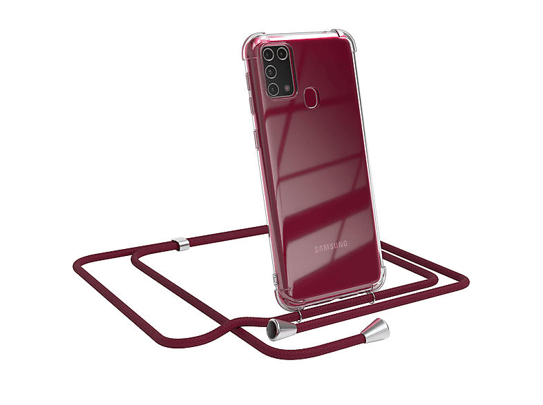 EAZY CASE Clear Cover mit Umhängeband, Umhängetasche, Samsung, Galaxy M31, Bordeaux Rot / Clips Silber