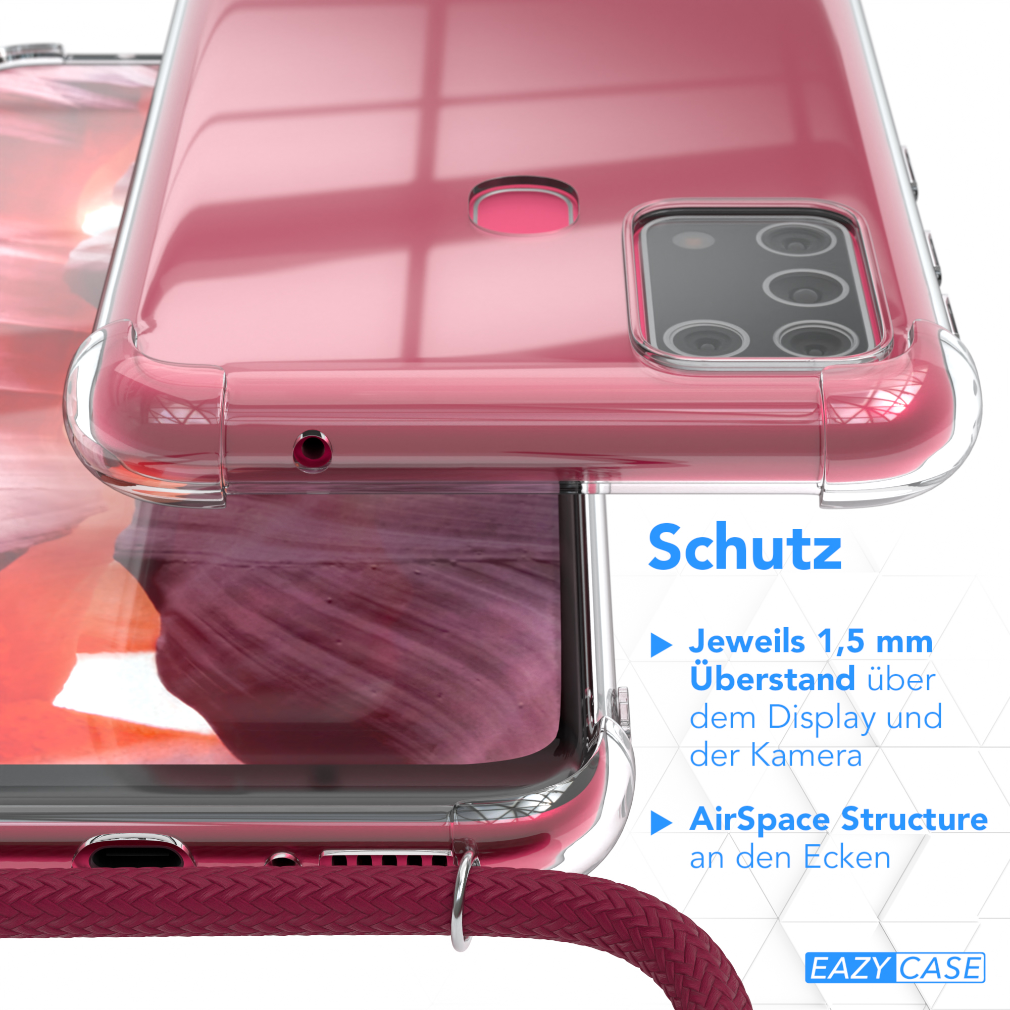 Transparente Handyhülle mit rosa Hintergrund und roter Kordel. Text: Schutz. AirSpace-Struktur an den Ecken.
