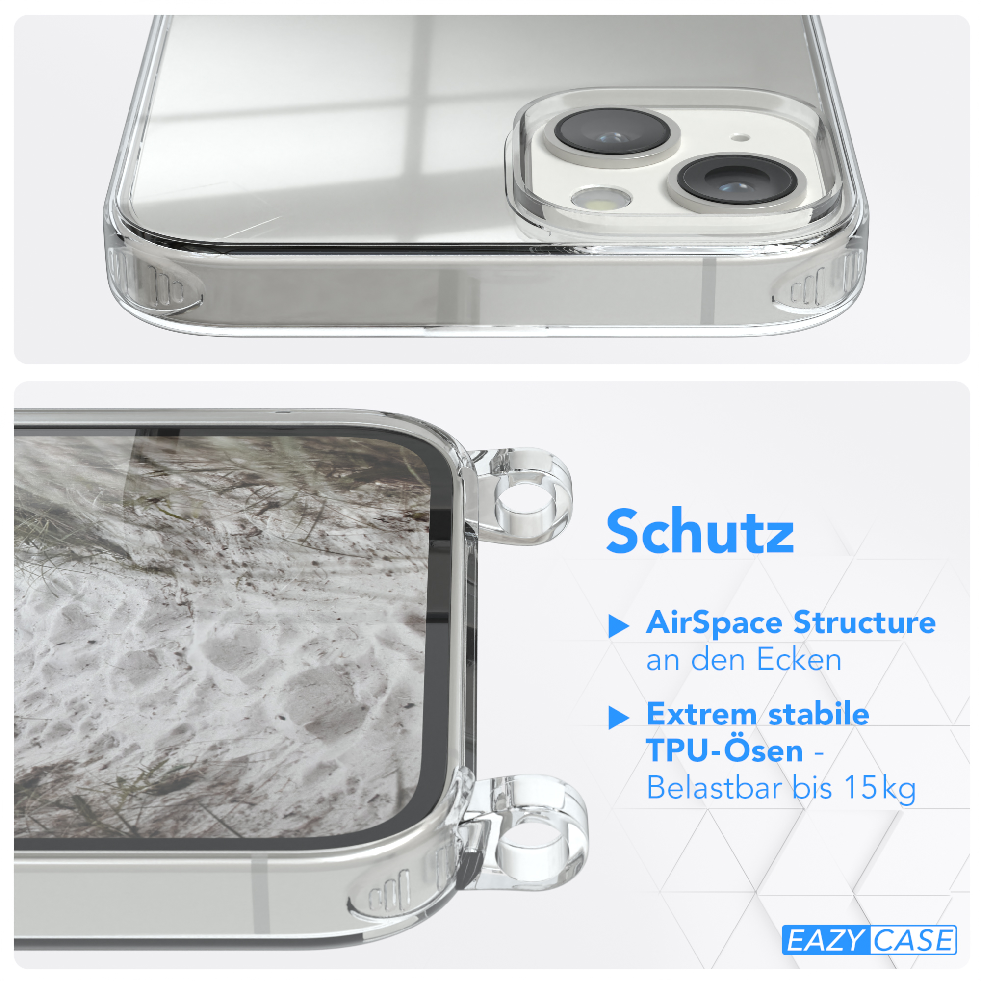 Nahaufnahme der Handyhülle, Textdetails zu Schutzfunktionen wie der AirSpace Structure.