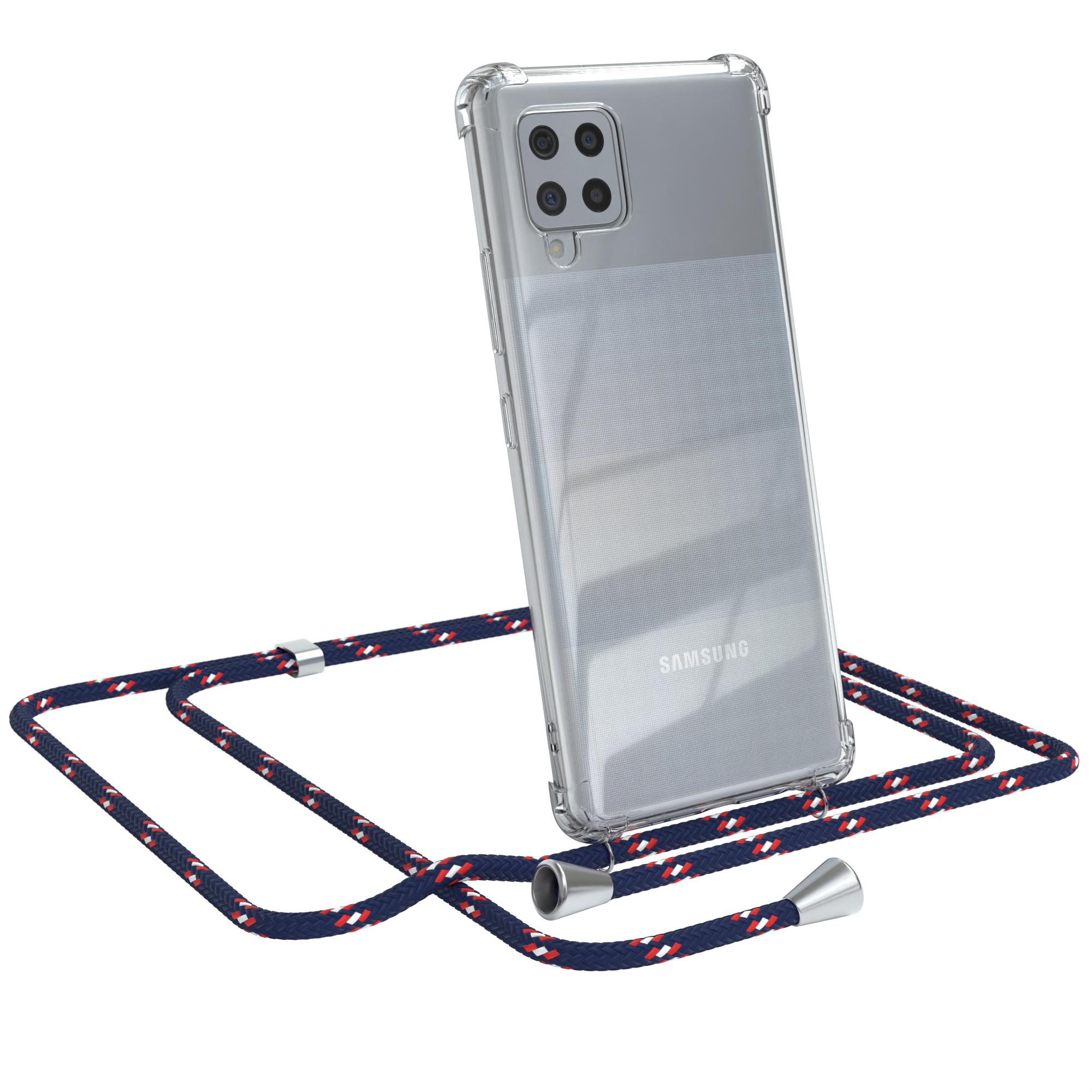 Klares Samsung-Telefon mit marineblauem, weißem und rotem Kabel. Der Hintergrund ist weiß.