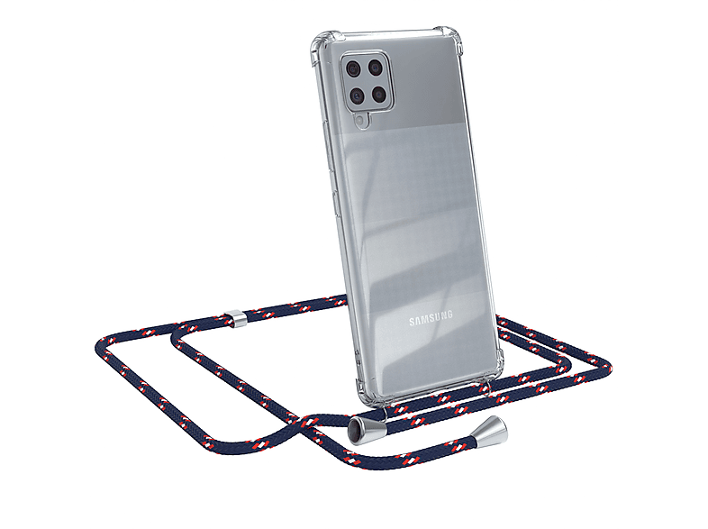EAZY CASE Clear Cover mit Umhängeband, Umhängetasche, Samsung, Galaxy A42 5G, Blau Camouflage / Clips Silber | Handyketten