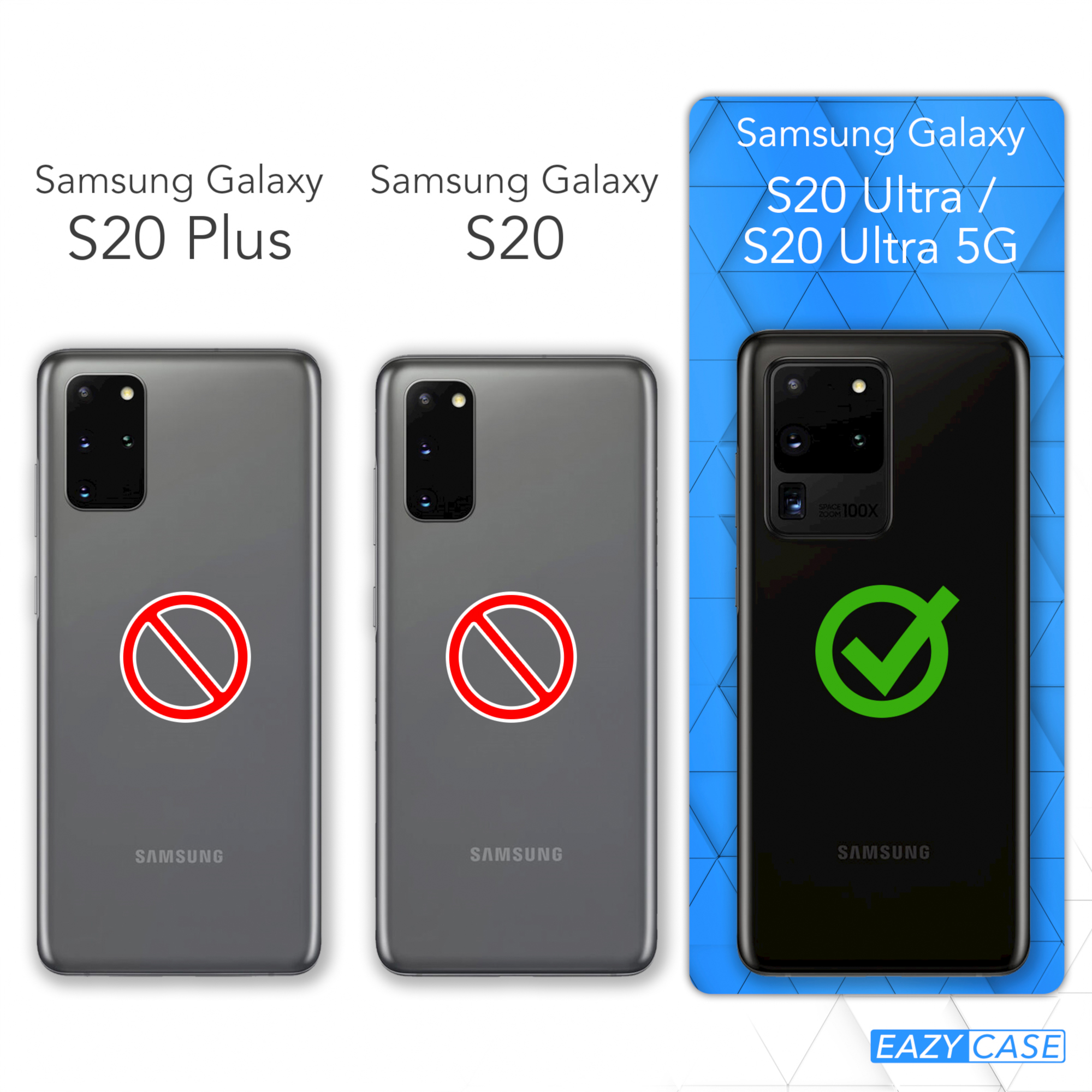 Drei Telefone. Zwei haben rote Verbotszeichen. Eines hat ein grünes Häkchen. Text zeigt Samsung-Modelle.