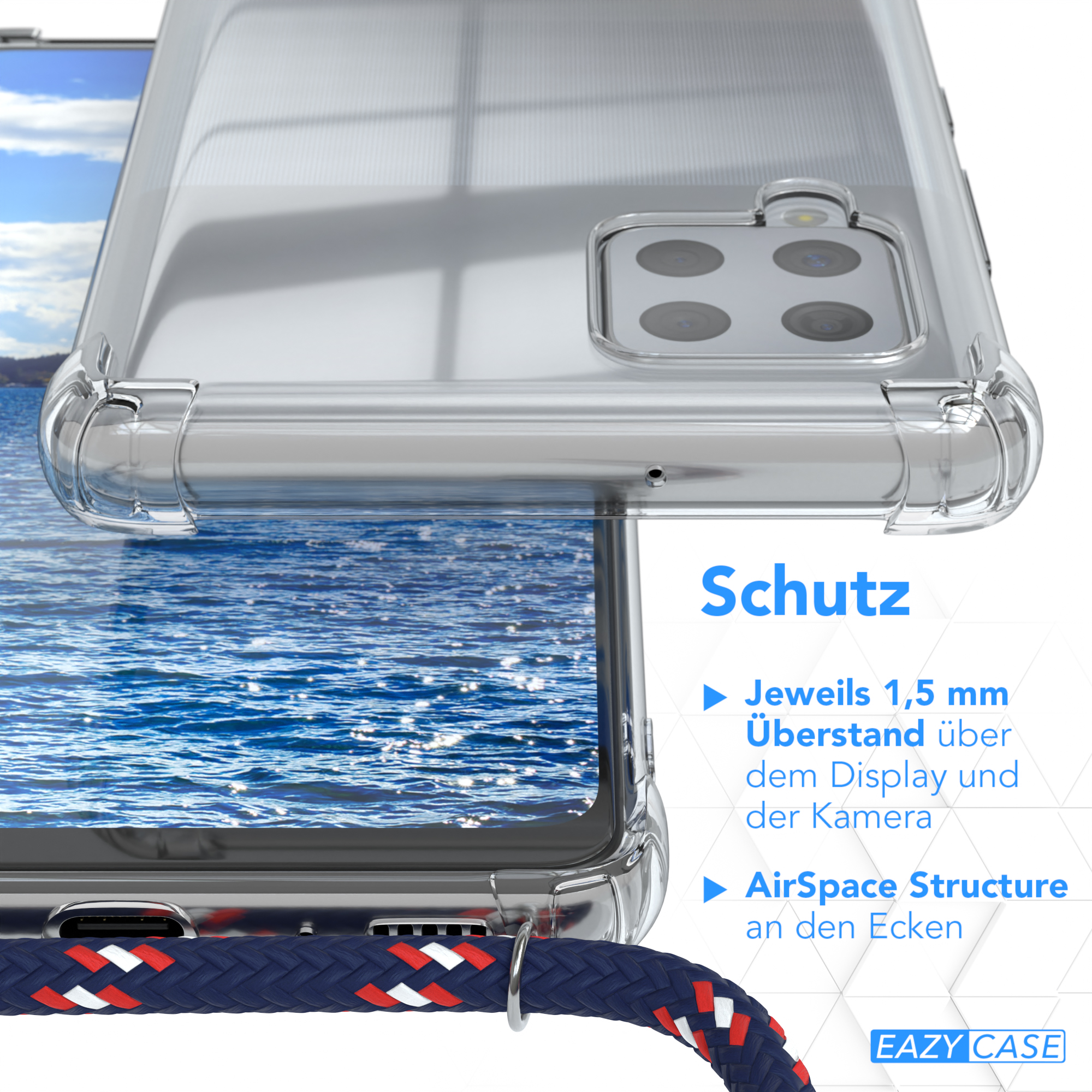 Transparente Handyhülle über einer blauen Ozeanszene mit einer blau-roten Kordel.