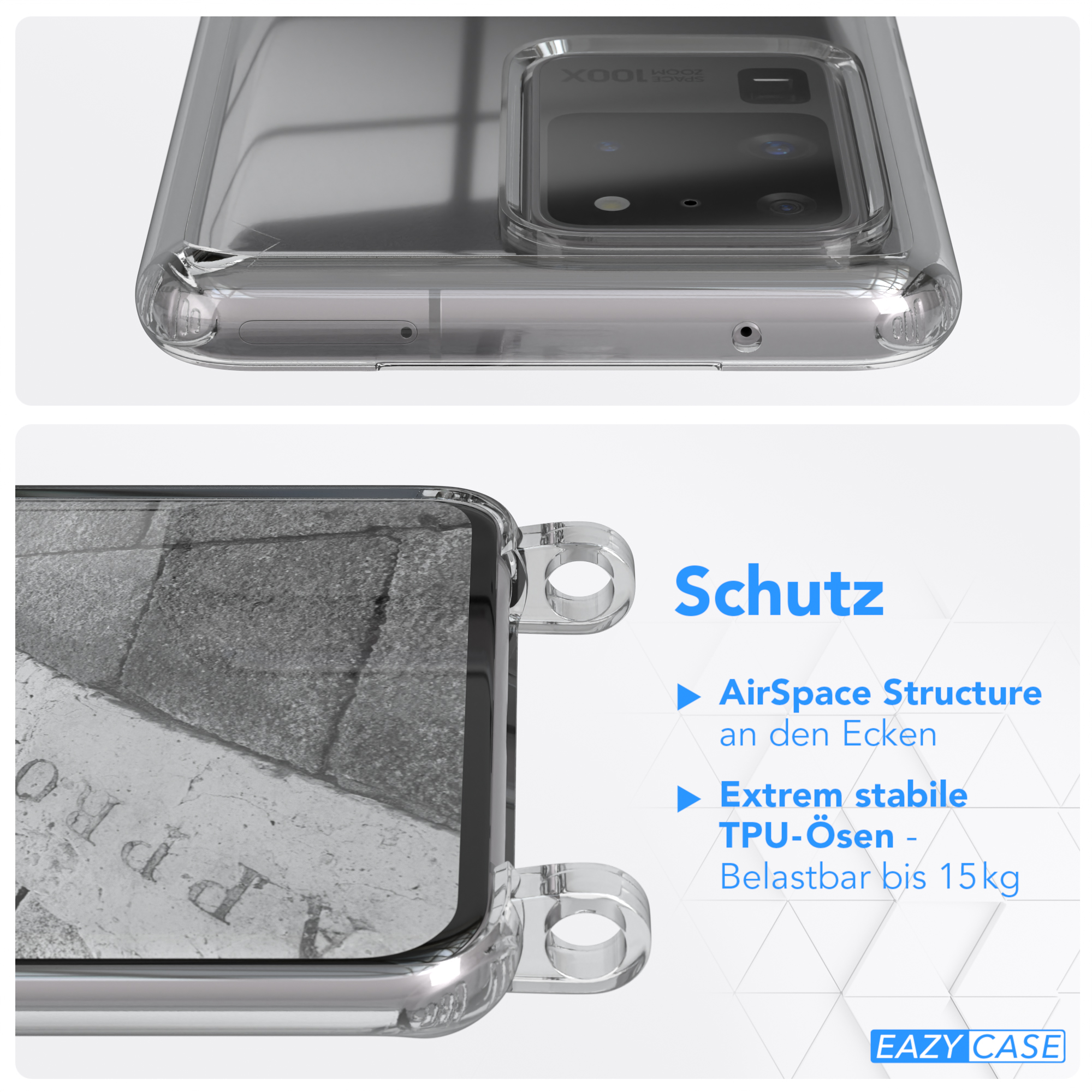 Transparente Handyhülle auf einem Telefon mit Schutz-Text und AirSpace Structure Beschreibung.