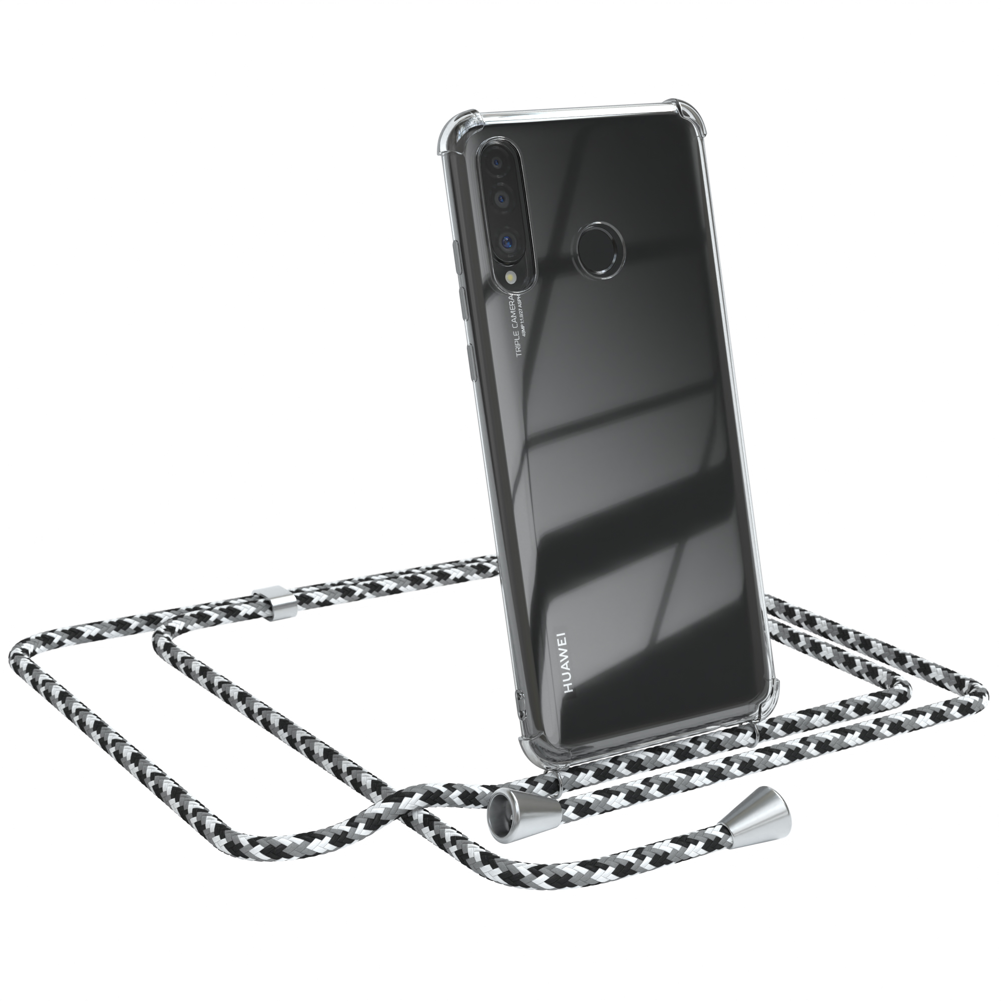 Transparente Handyhülle mit schwarz-weißem Band. Ein Huawei-Telefon ist darin. Silberne Akzente an den Enden.