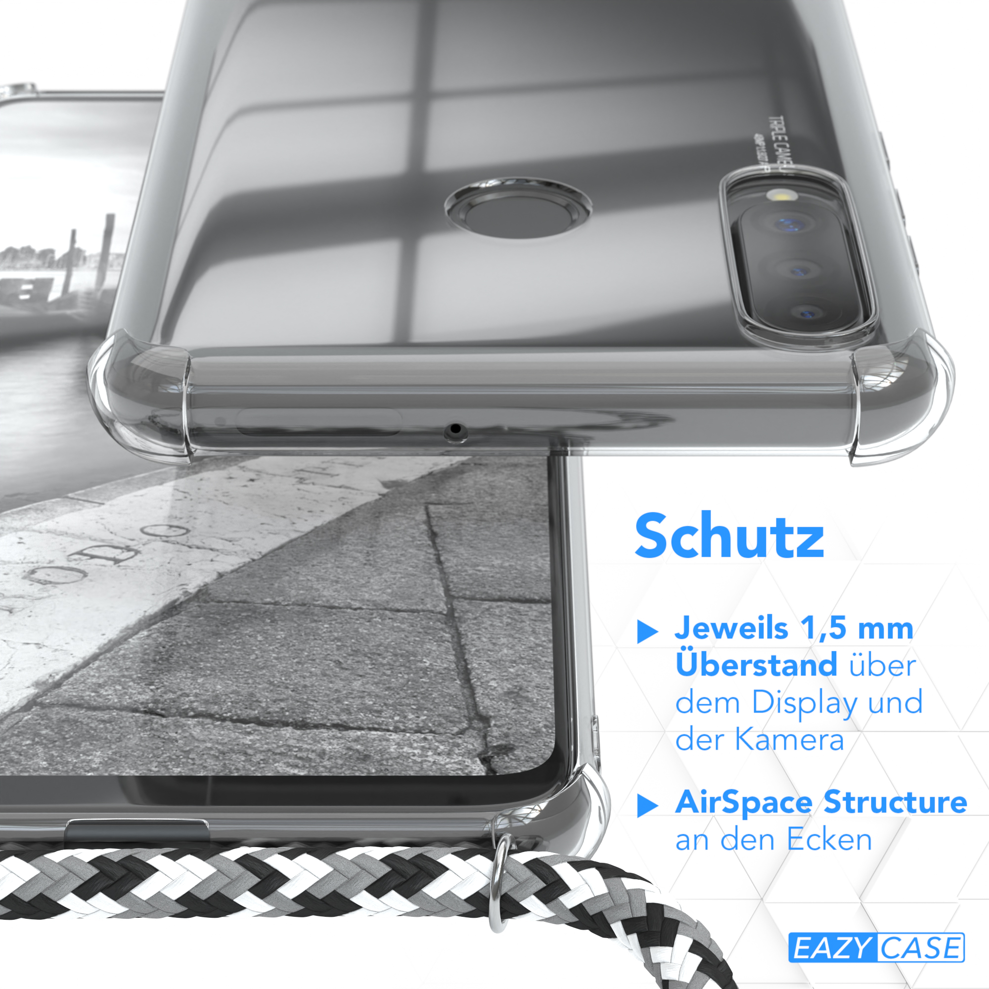Klare Handyhülle schützt Telefon. Text: Schutz, AirSpace Structure, 1,5mm Display und Kamera.