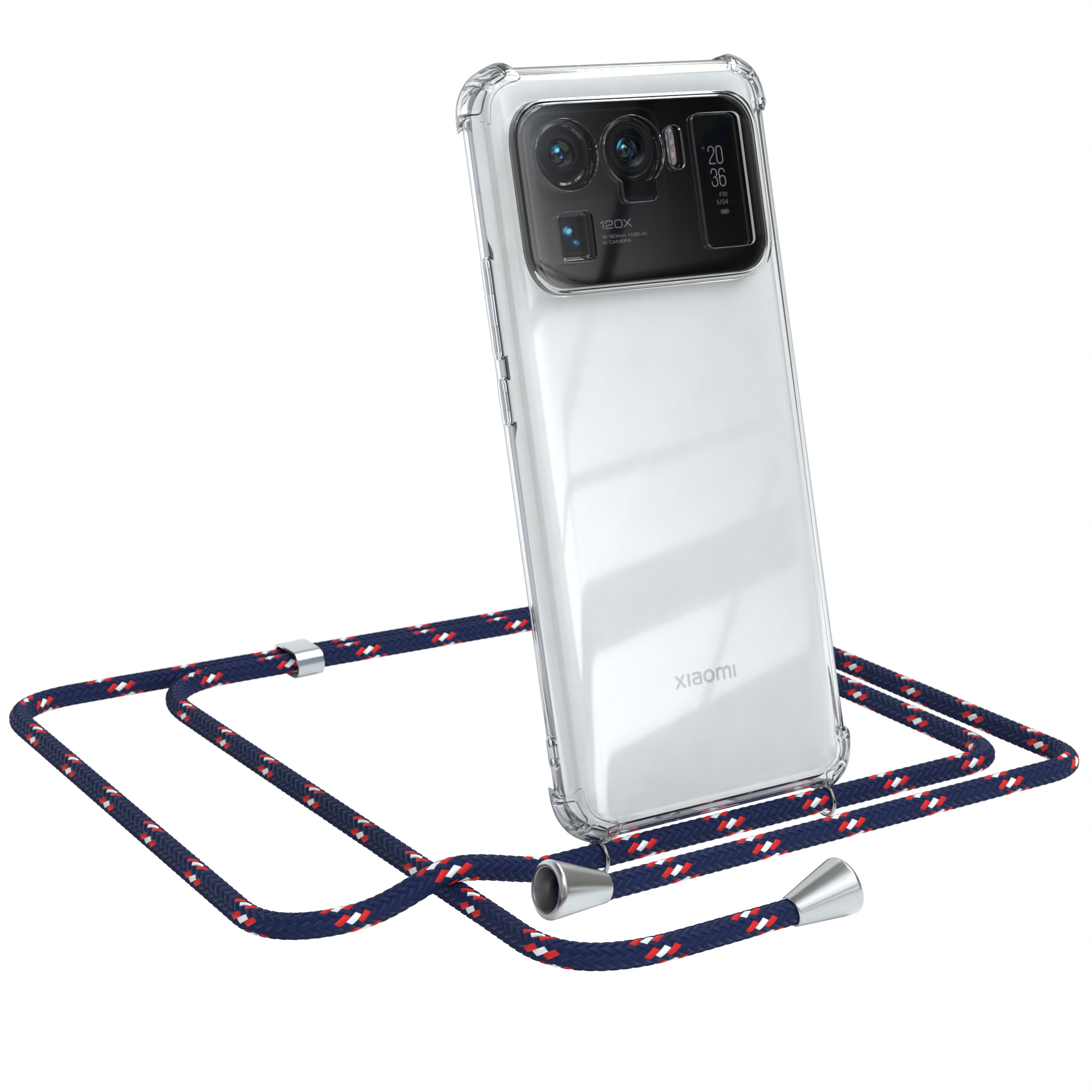 Telefon mit transparenter Hülle und Lanyard. Das Telefon ist weiß. Xiaomi-Logo sichtbar. Die Hülle hat ein silbernes Lanyard.