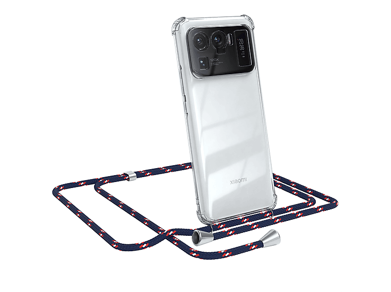 EAZY CASE Clear Cover mit Umhängeband, Umhängetasche, Xiaomi, Mi 11 Ultra, Blau Camouflage / Clips Silber