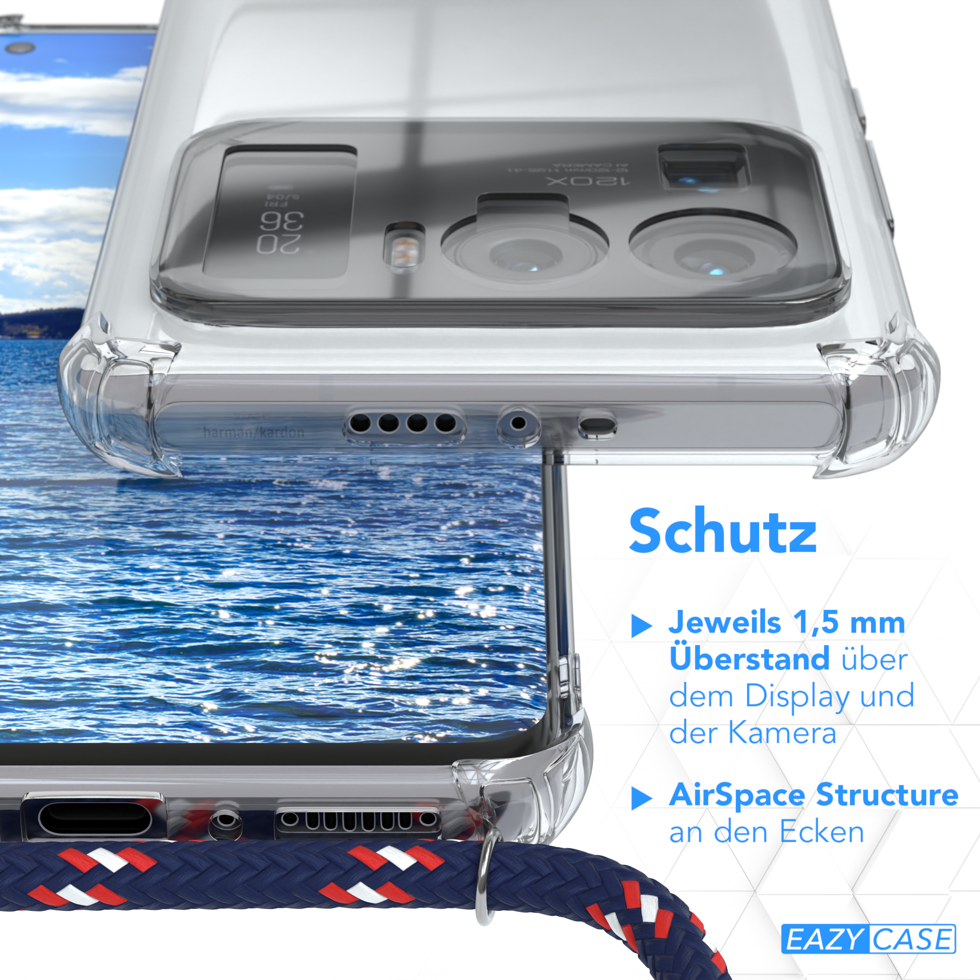 Transparente Handyhülle auf Wasser, mit Text, der Funktionen beschreibt: 1,5 mm Display- & Kameraschutz, AirSpace-Struktur.