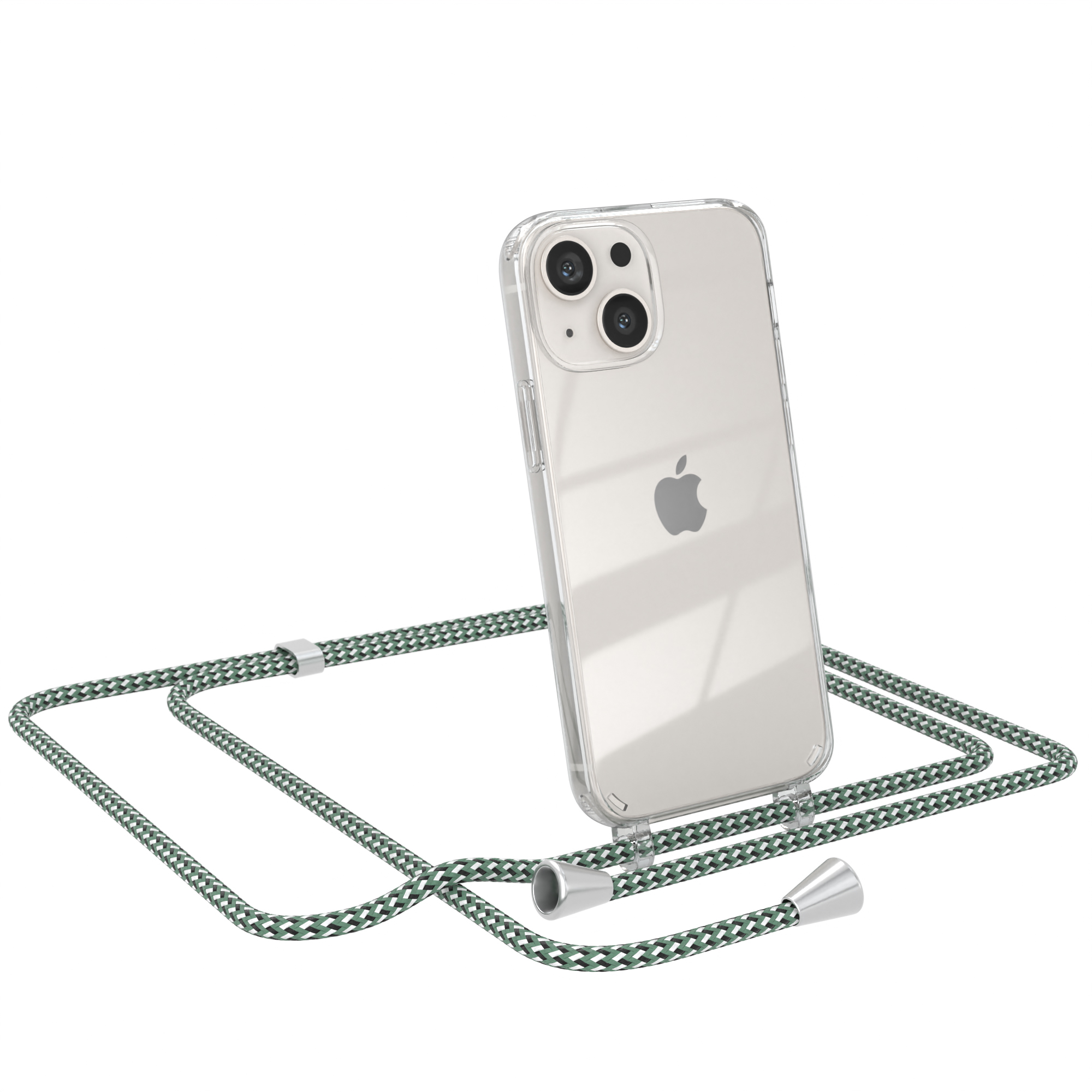 iPhone in klarer Hülle mit grün-weißem Kordel. Telefon lehnt an der Kamera.