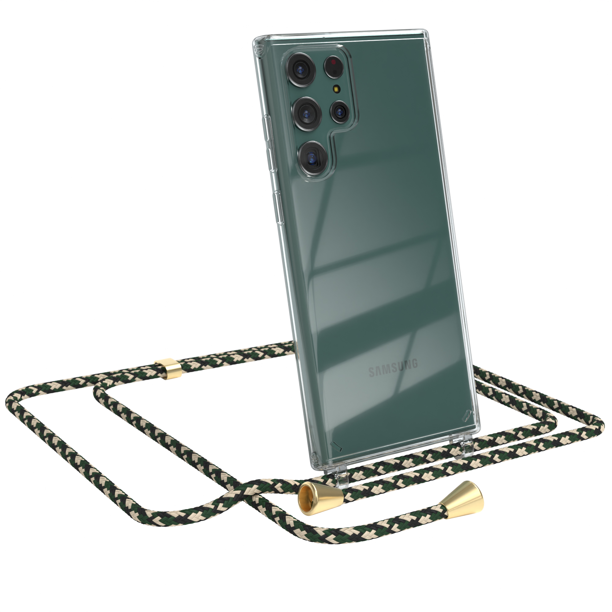 Grünes Telefon in transparenter Hülle mit grün-khakifarbenem Seil. Das Telefon lehnt an dem Seil.