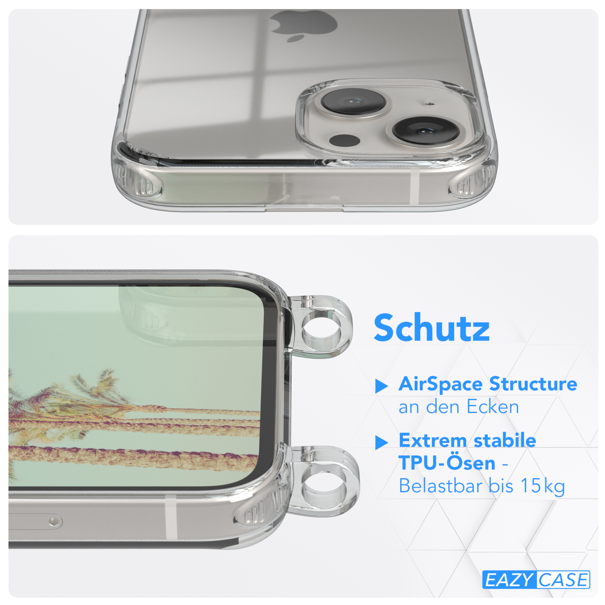 Transparente Handyhülle mit Telefon. Text über Schutzmerkmale.