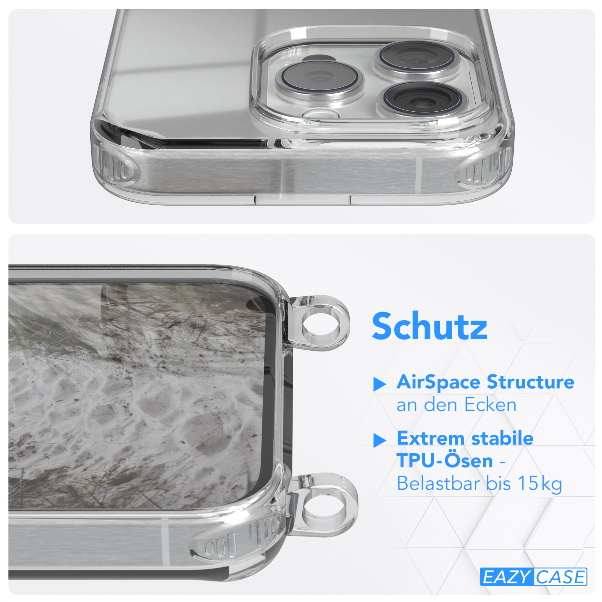 CASE Pro, mit Apple, Umhängeband, EAZY Umhängetasche, Weiß Clear iPhone Cover 15 Silber Clips /