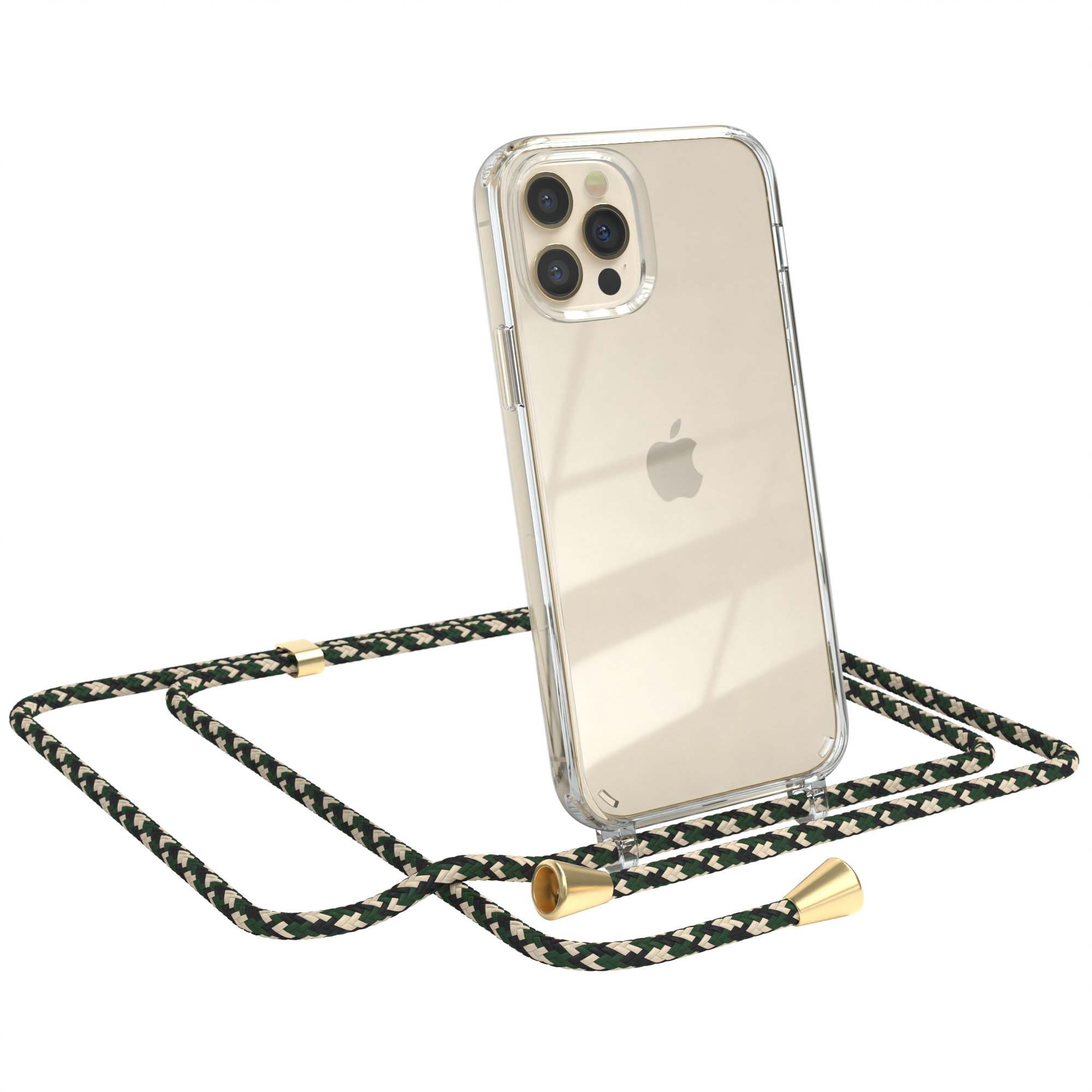 Klare Handyhülle mit Lanyard. Das Lanyard ist grün, beige und weiß mit goldenen Akzenten.