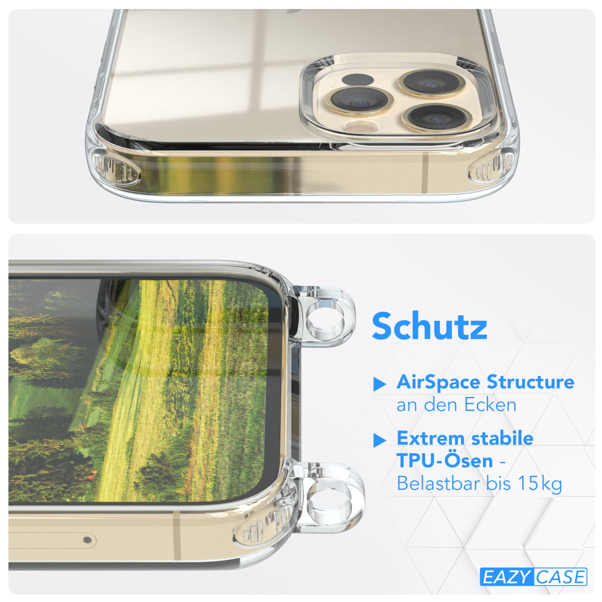 Transparente Handyhülle mit einer Strandszene im Inneren. Text über Schutzfunktionen.