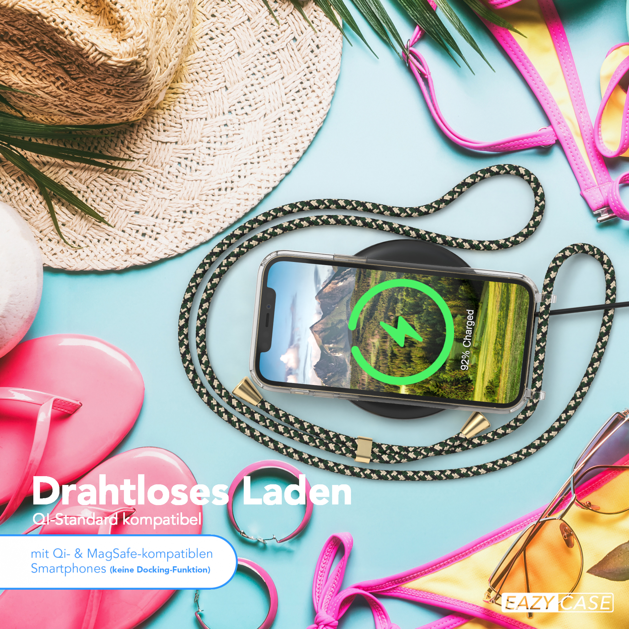 Telefon kabellos mit Strohhut, Sonnenbrille und rosa Flip-Flops aufladen.