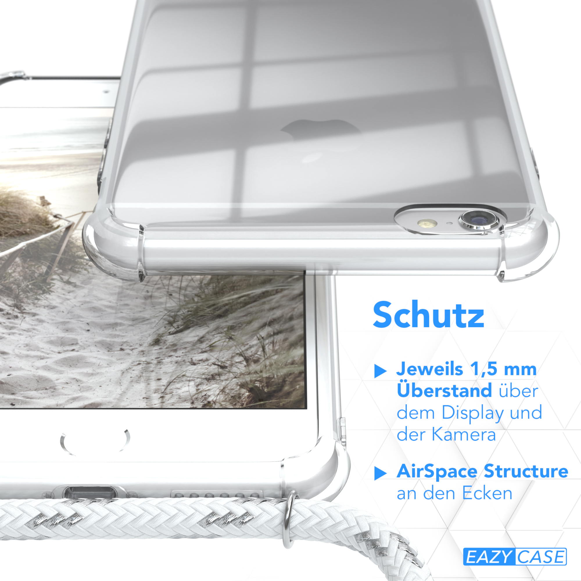 Transparente Handyhülle mit Text. Zeigt Schutzdetails.