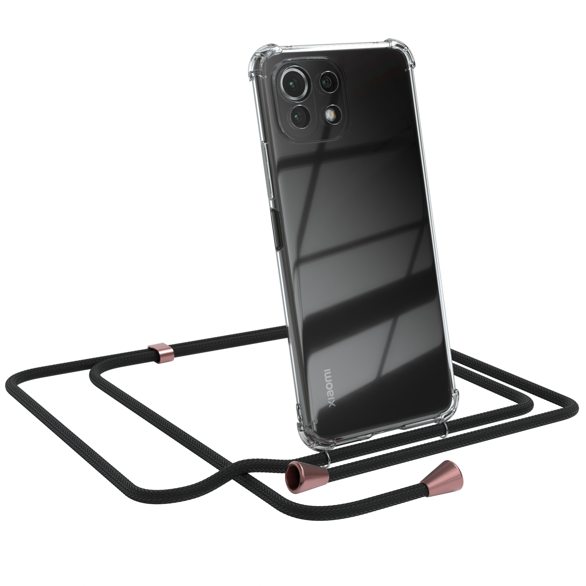 Ein schwarzes Telefon in einer transparenten Hülle mit einem schwarzen Seil. Das Seil hat roségoldene Enden. Das Telefon hat ein Xiaomi-Logo.