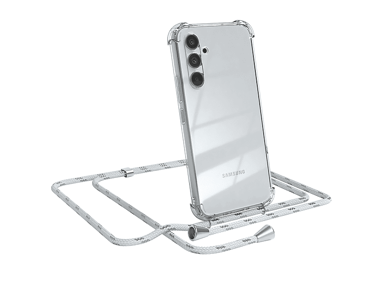 EAZY CASE Clear Cover mit Umhängeband, Umhängetasche, Samsung, Galaxy A54, Weiß / Clips Silber