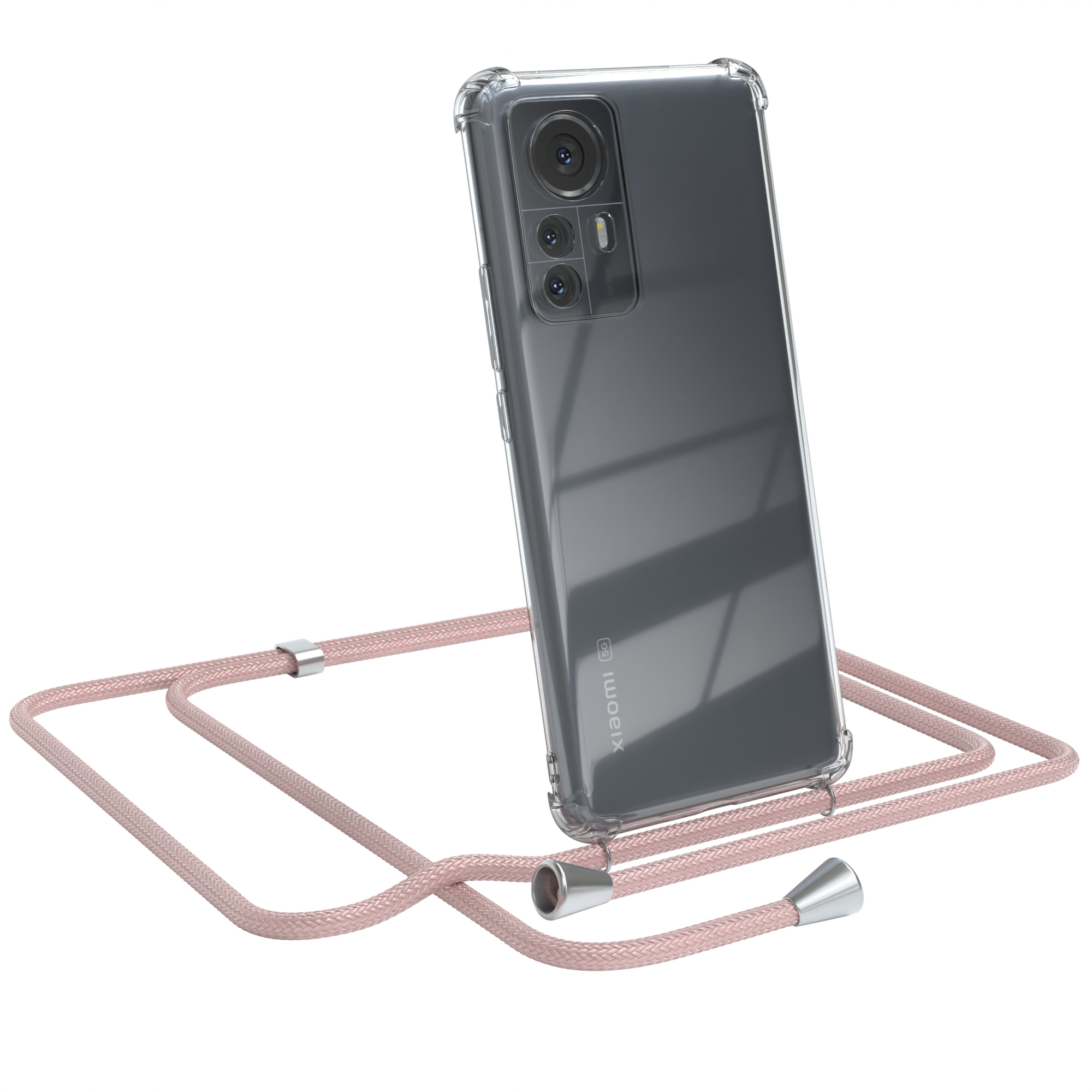 Transparente Handyhülle mit rosa Band. Xiaomi-Logo sichtbar. Silberakzente. Weißer Hintergrund.
