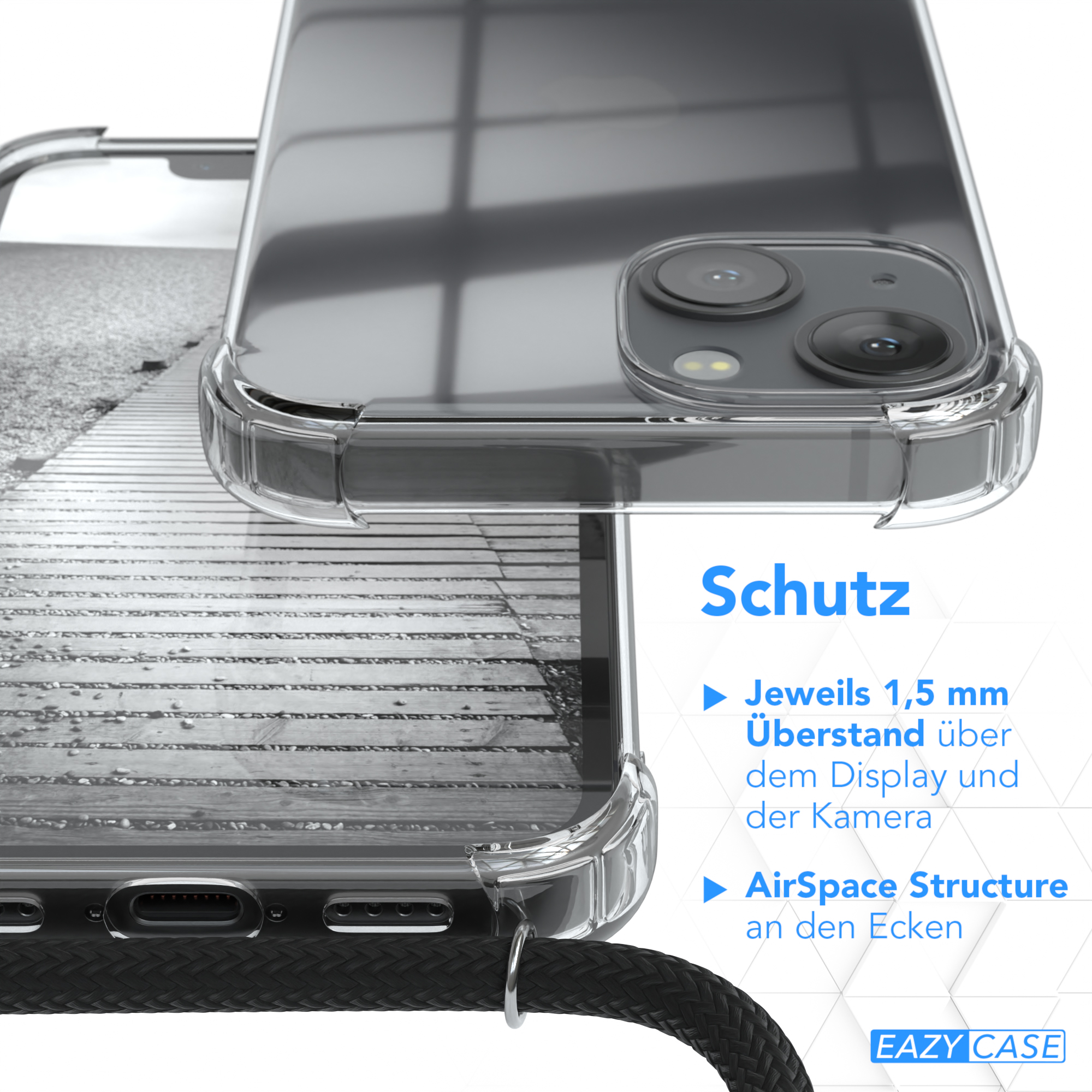 Handyhülle Detail: transparent, Schutzkanten und Gurtbefestigung.