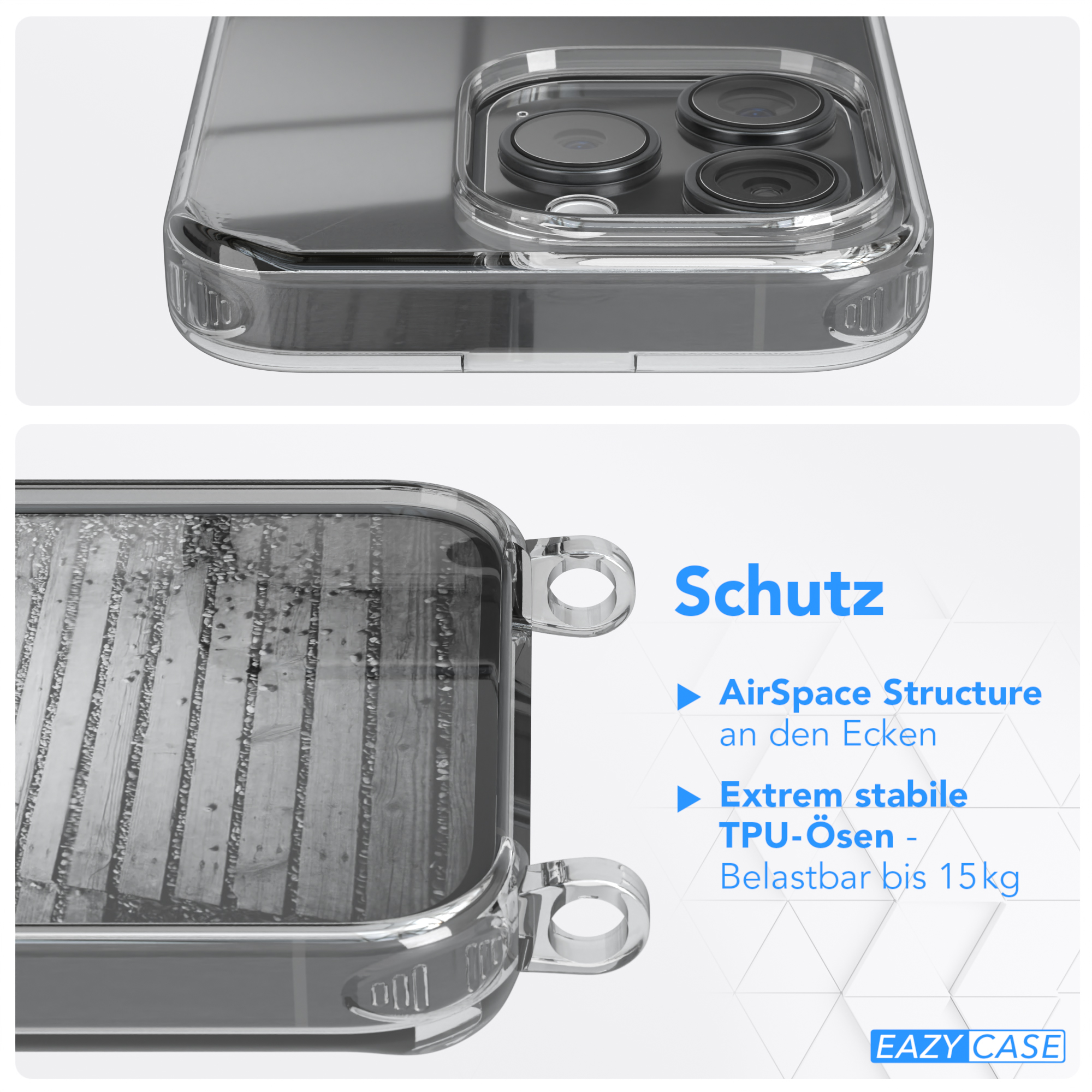 Nahaufnahme Handyhülle mit Schutzfunktionen, Text "Schutz" und "Eazy Case" Logo.
