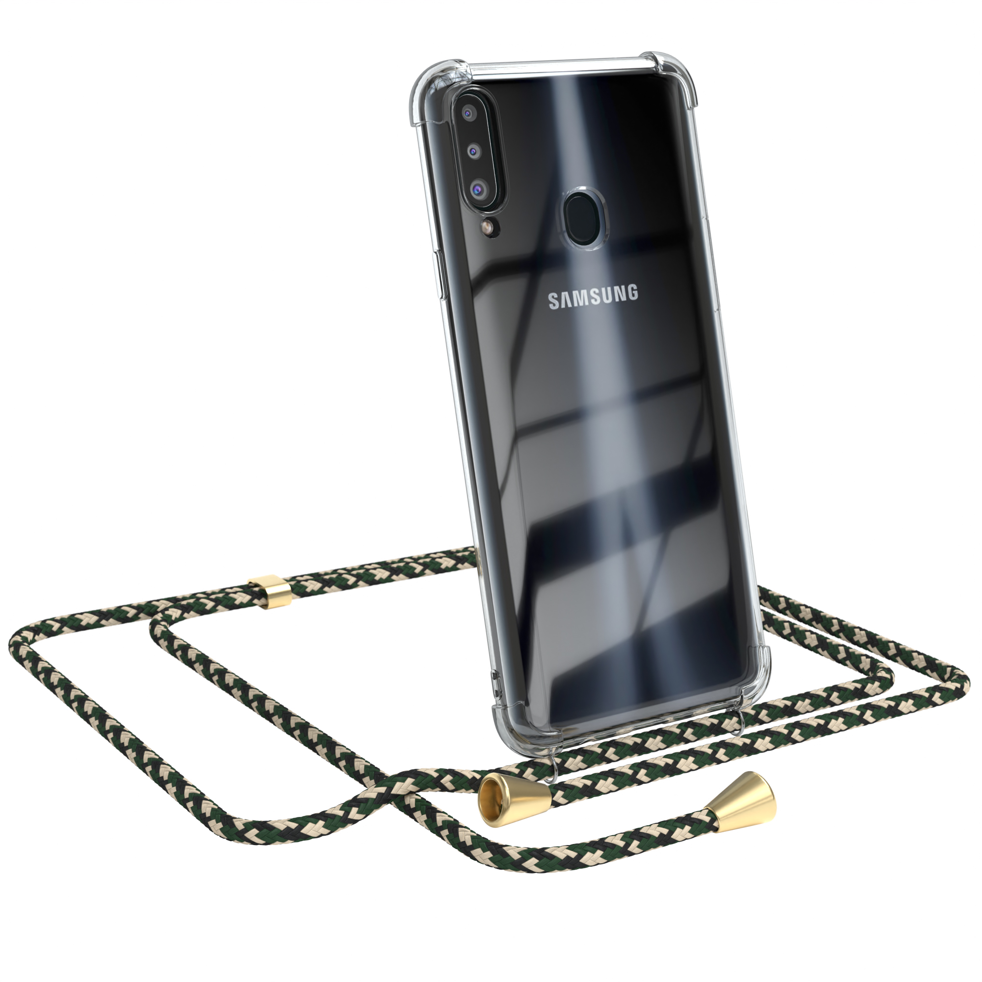 Transparente Samsung-Hülle mit Camouflage-Band. Goldene Akzente. Samsung-Logo.