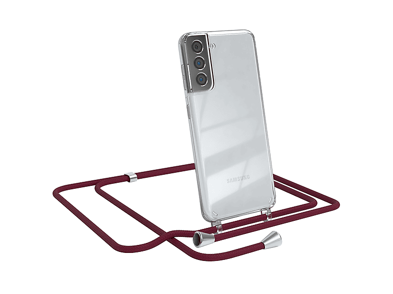 EAZY CASE Clear Cover mit Umhängeband, Umhängetasche, Samsung, Galaxy S21 5G, Bordeaux Rot / Clips Silber