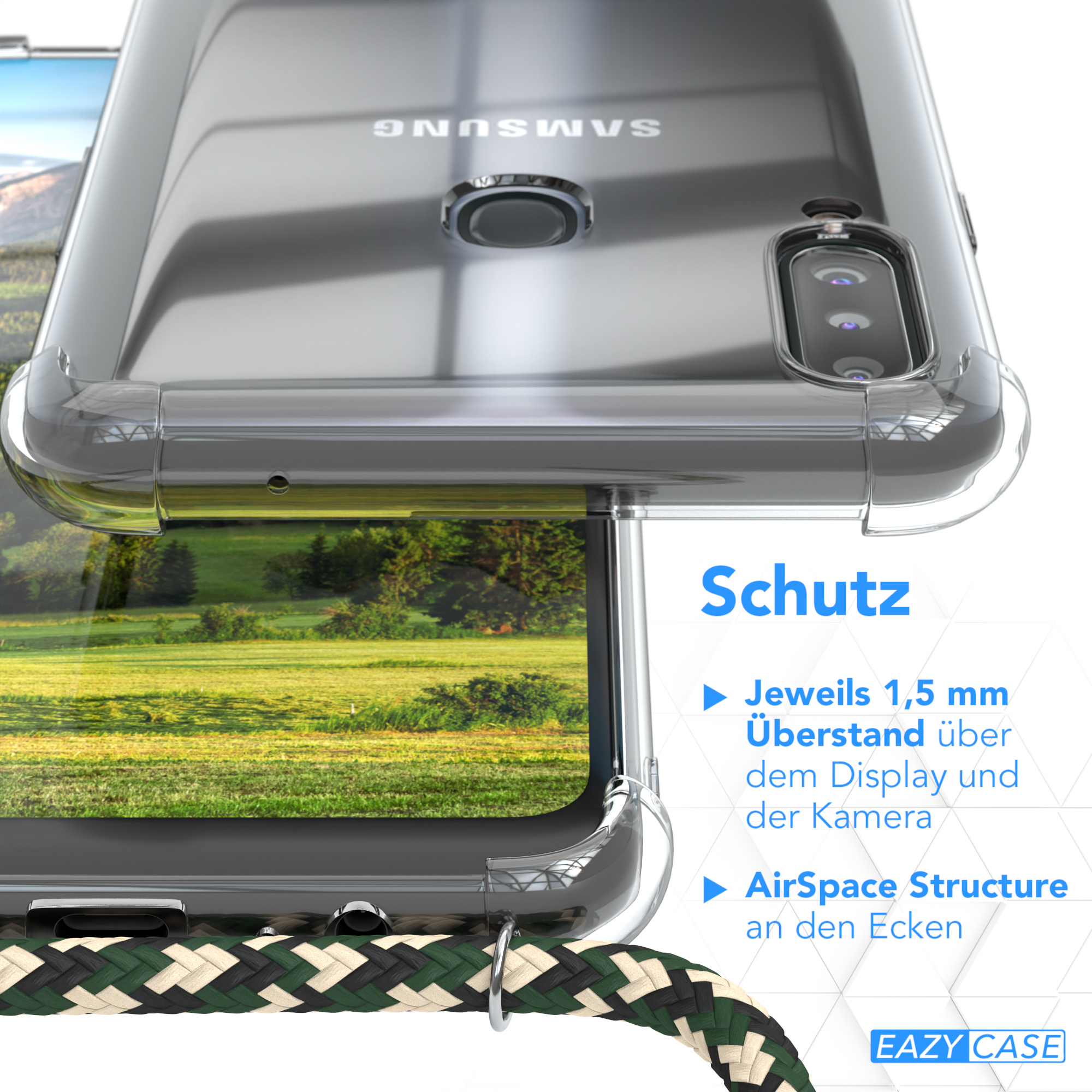 Nahaufnahme einer Handyhülle mit Band. Das Telefon zeigt ein grünes Ladesymbol.