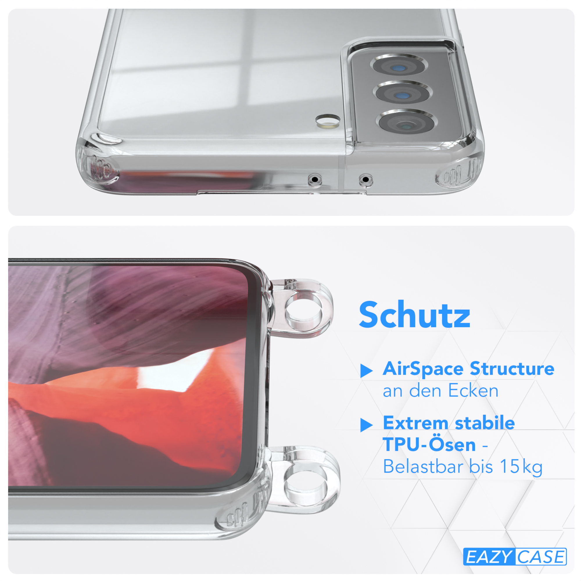 Detail einer transparenten Handyhülle. Text: Schutz. Eigenschaften: AirSpace Struktur, TPU-Ösen, 15kg belastbar.