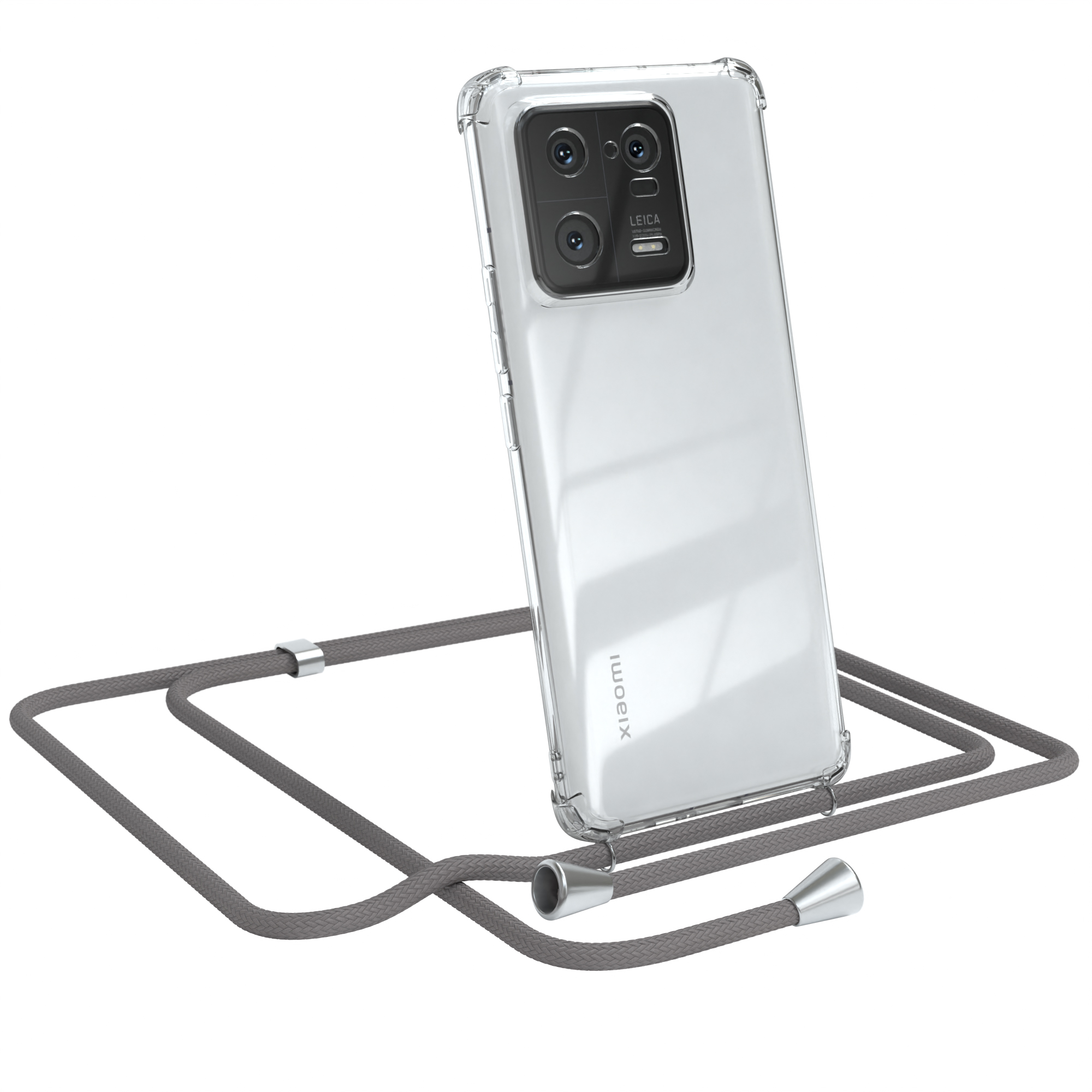 Transparente Handyhülle mit Telefon und grauem Umhängeband auf weißem Grund.