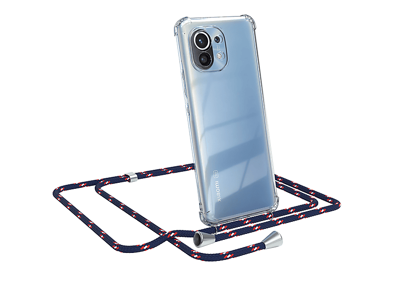 EAZY CASE Clear Cover mit Umhängeband, Umhängetasche, Xiaomi, Mi 11 5G, Blau Camouflage / Clips Silber