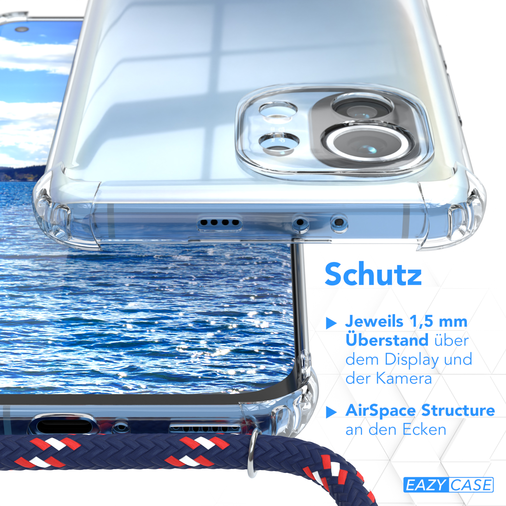 Nahaufnahme einer Handyhülle mit Details. Text über Schutzfunktionen. Blauer Wasserhintergrund.