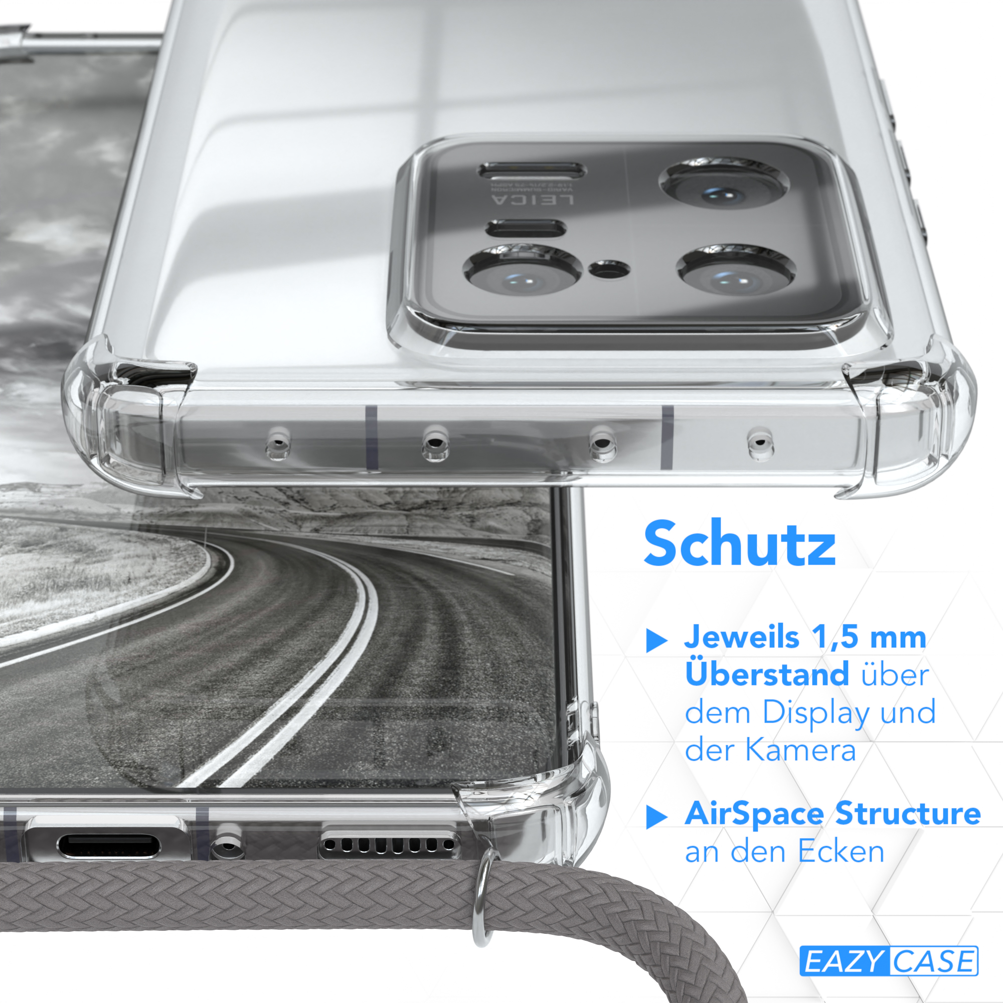 Eine transparente Handyhülle mit einer Straße und Text über Schutzfunktionen.