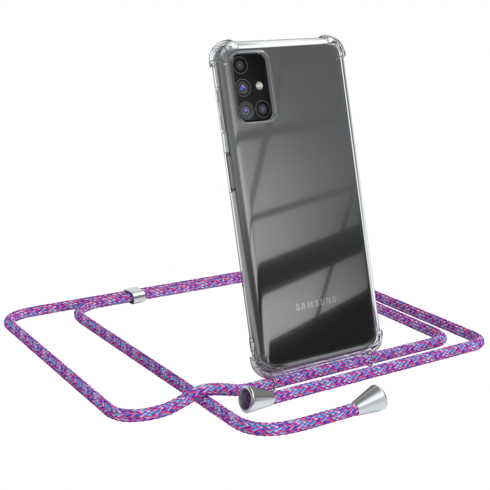 Transparente Handyhülle mit lila Lanyard, Samsung-Handy. Weißer Hintergrund.