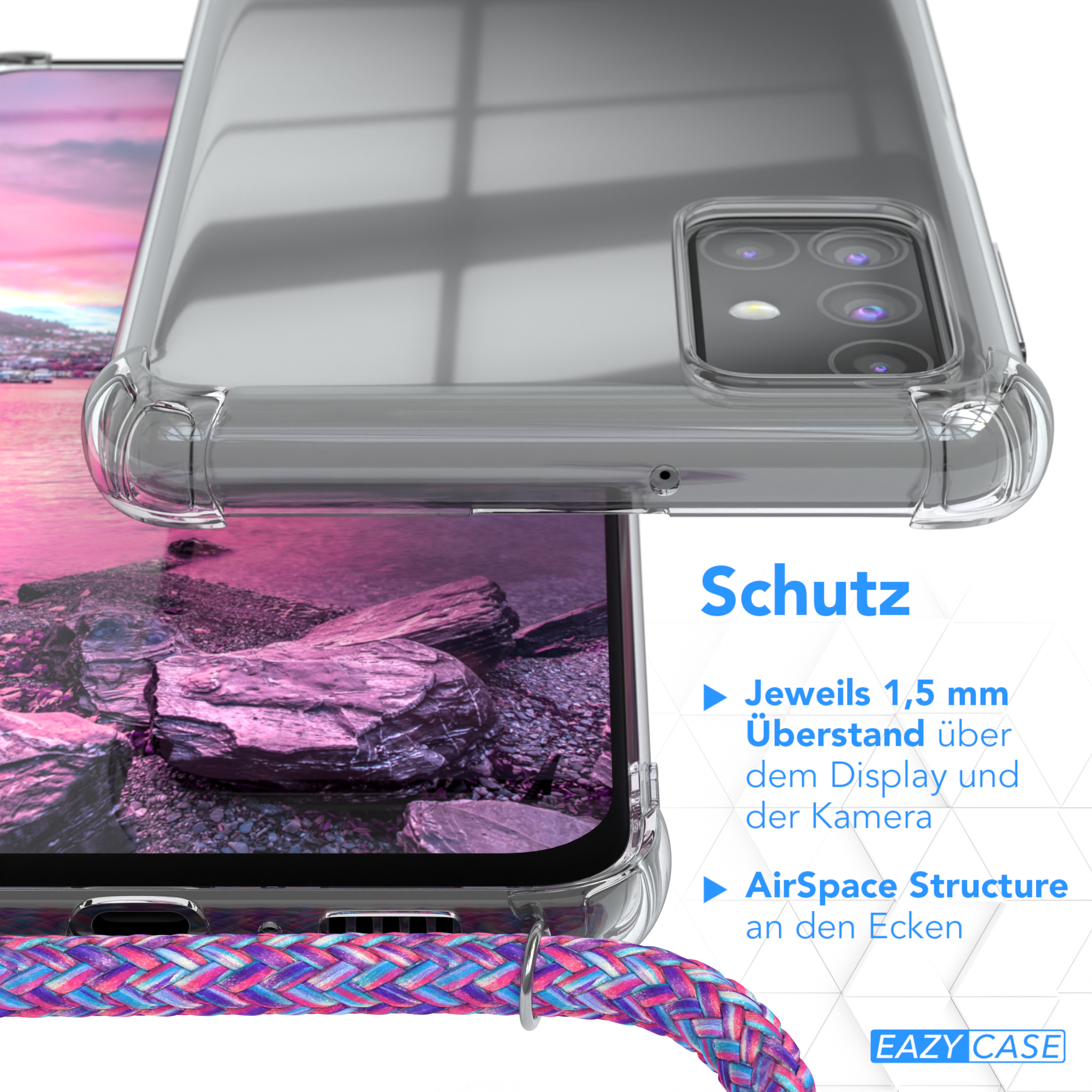 Transparente Handyhülle mit schwarzem Kabel. Text: Schutz. Eigenschaften: Displayschutz, AirSpace-Struktur. Hintergrund: Holzdeck.