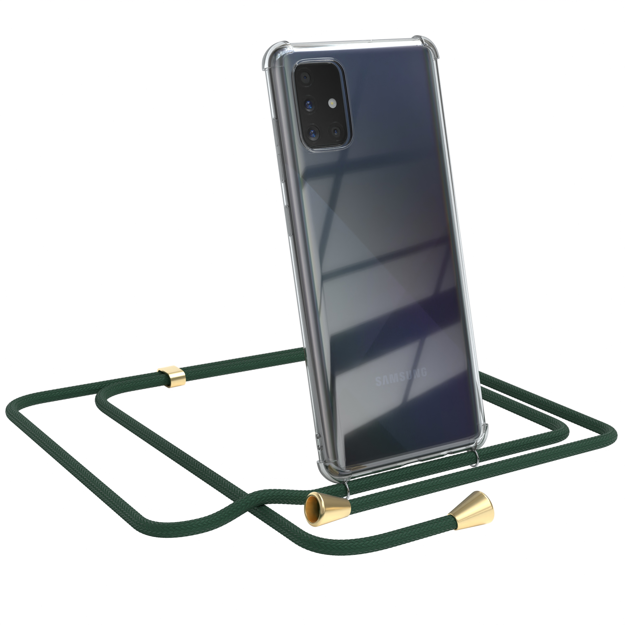 Telefon in klarer Hülle mit grünem Lanyard.