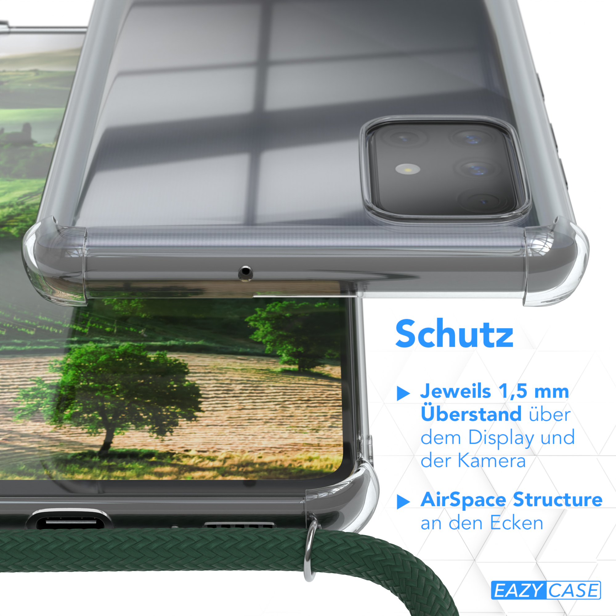 Transparente Handyhülle auf einem Telefon. Text auf dem Bild. Grünes Kabel hängt herunter.