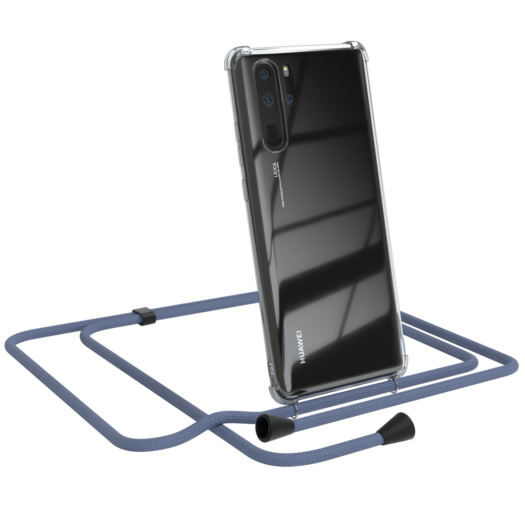 Transparente Handyhülle mit blauer Kordel. Huawei-Logo sichtbar. Weißer Hintergrund.